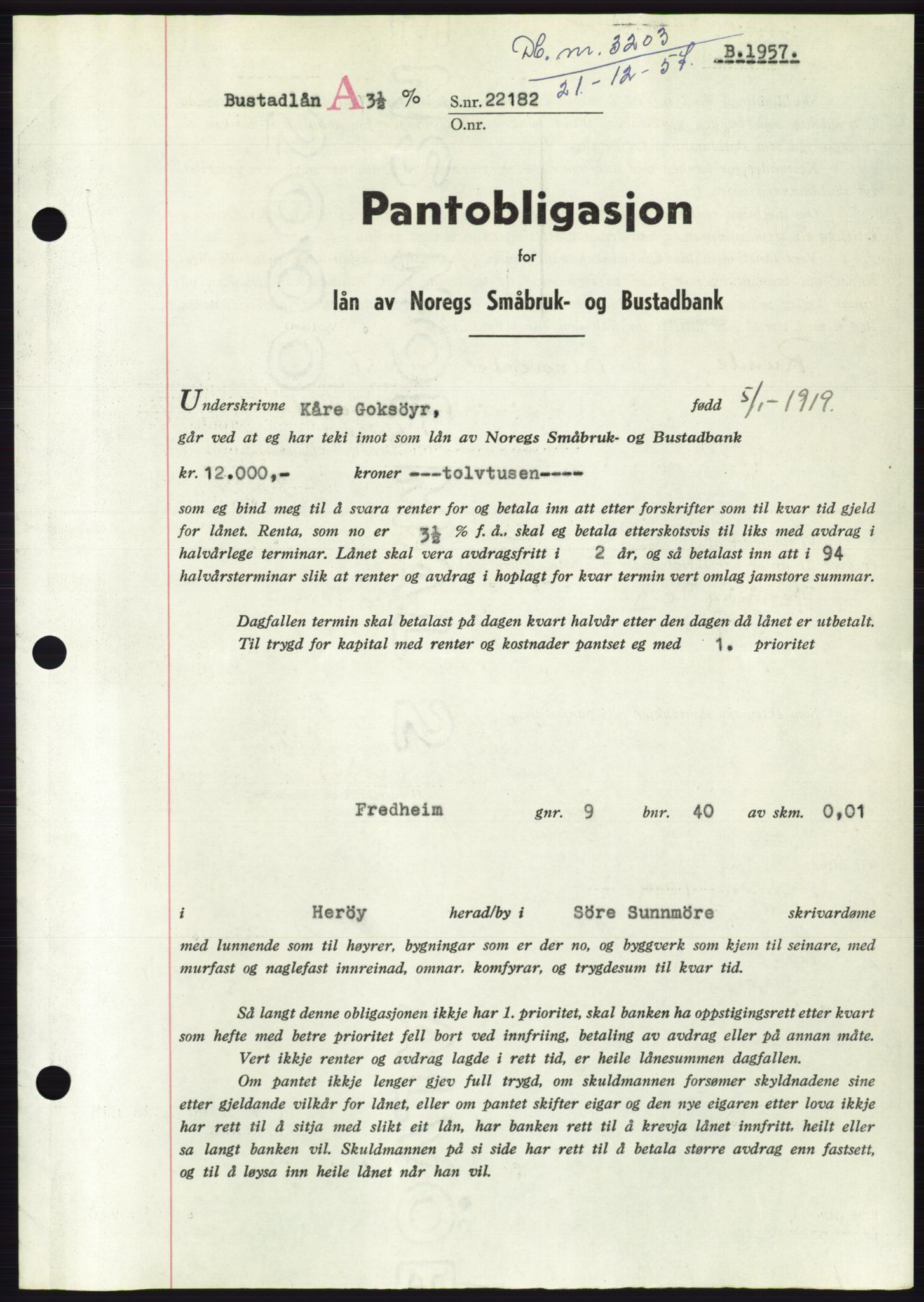 Søre Sunnmøre sorenskriveri, AV/SAT-A-4122/1/2/2C/L0130: Pantebok nr. 18B, 1957-1958, Dagboknr: 3203/1957