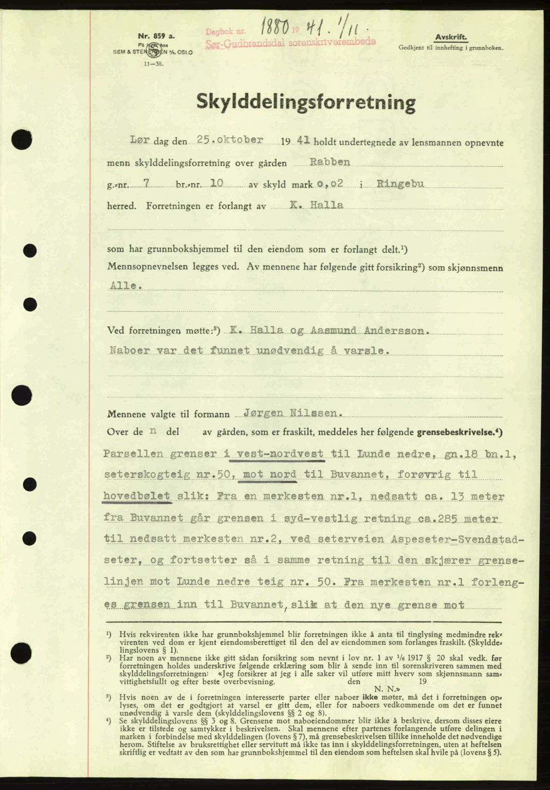 Sør-Gudbrandsdal tingrett, SAH/TING-004/H/Hb/Hbd/L0009: Pantebok nr. A9, 1941-1941, Dagboknr: 1880/1941