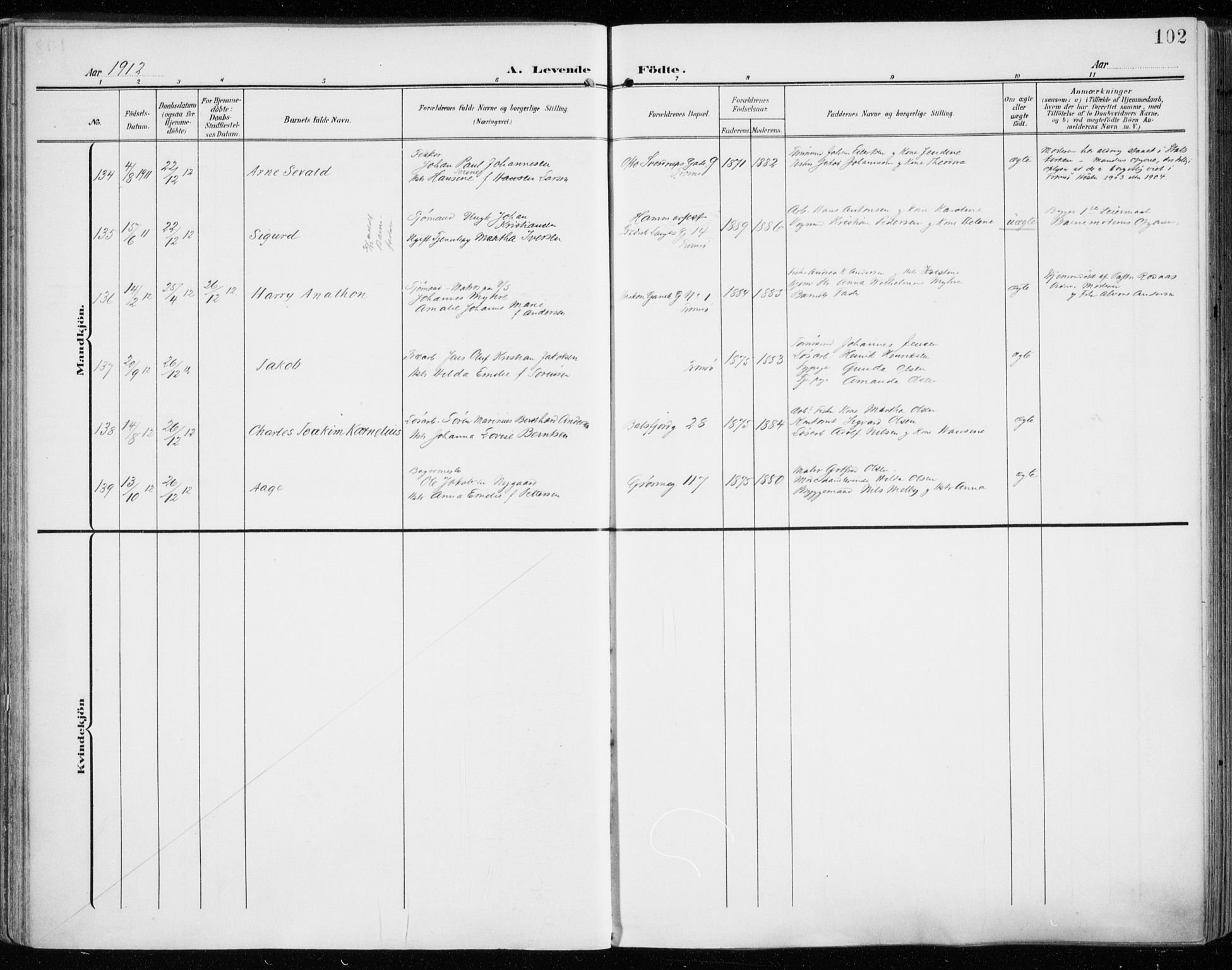 Tromsø sokneprestkontor/stiftsprosti/domprosti, AV/SATØ-S-1343/G/Ga/L0017kirke: Ministerialbok nr. 17, 1907-1917, s. 102