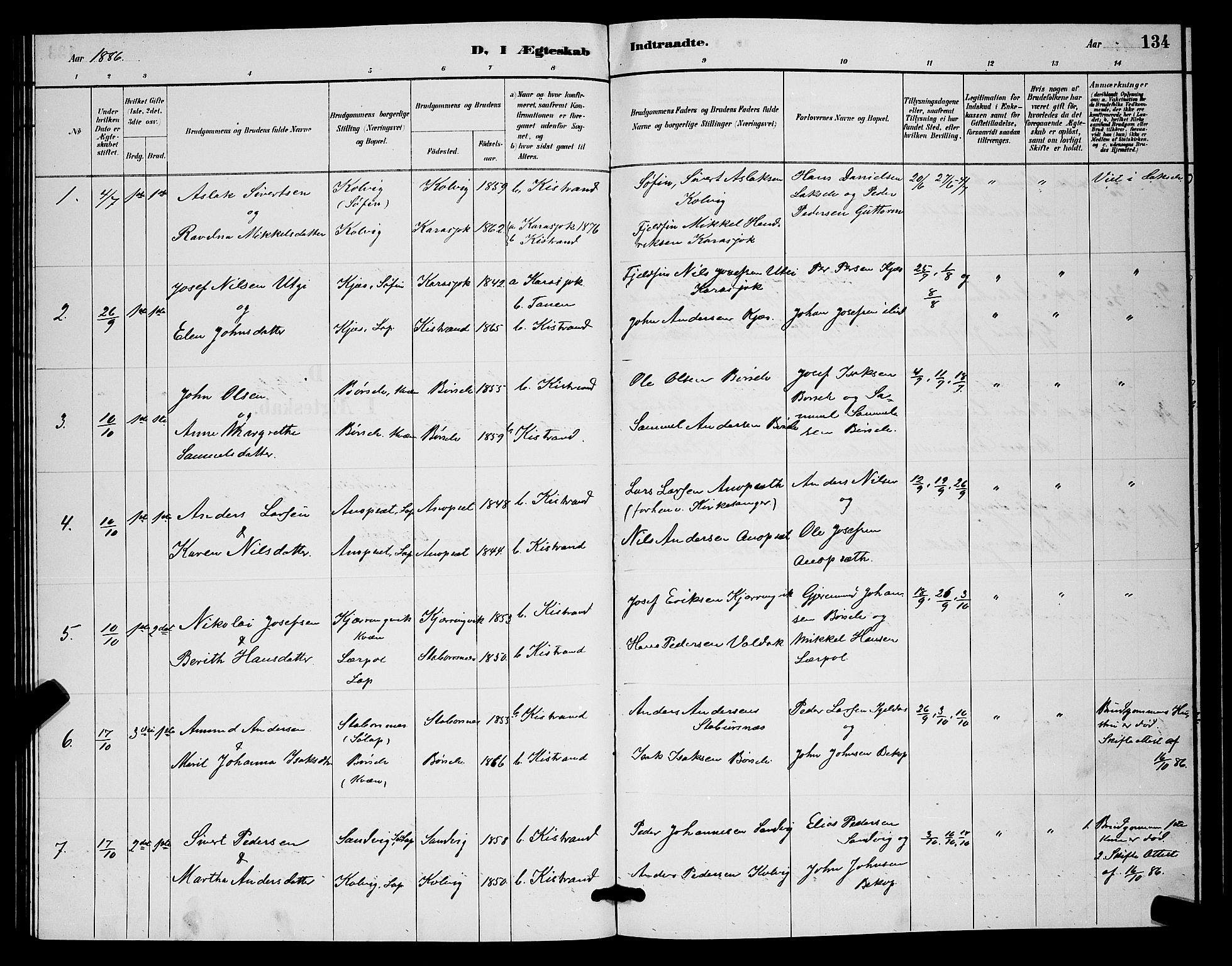 Kistrand/Porsanger sokneprestembete, AV/SATØ-S-1351/H/Hb/L0004.klokk: Klokkerbok nr. 4, 1885-1894, s. 134
