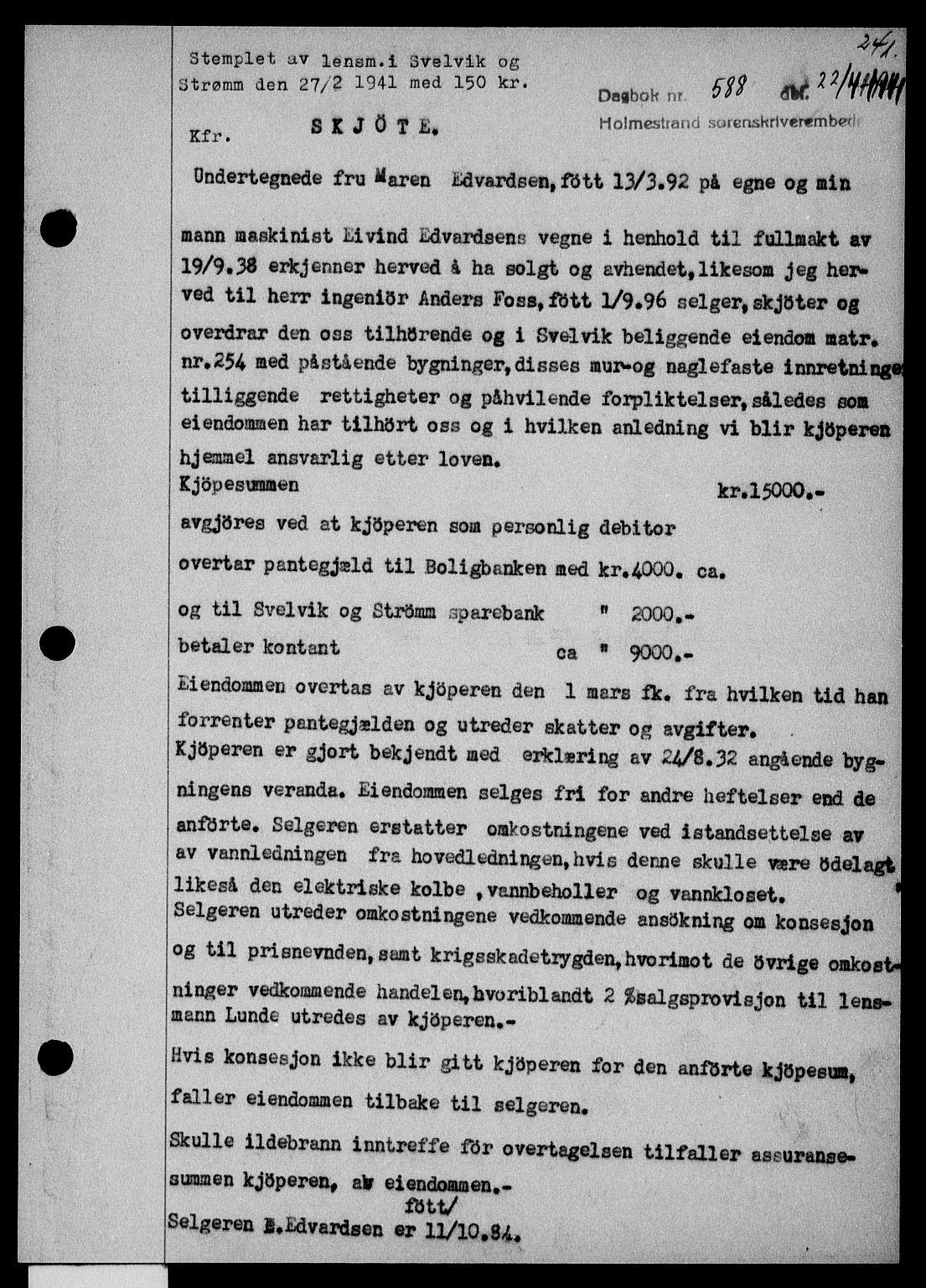 Holmestrand sorenskriveri, SAKO/A-67/G/Ga/Gaa/L0053: Pantebok nr. A-53, 1941-1941, Dagboknr: 588/1941