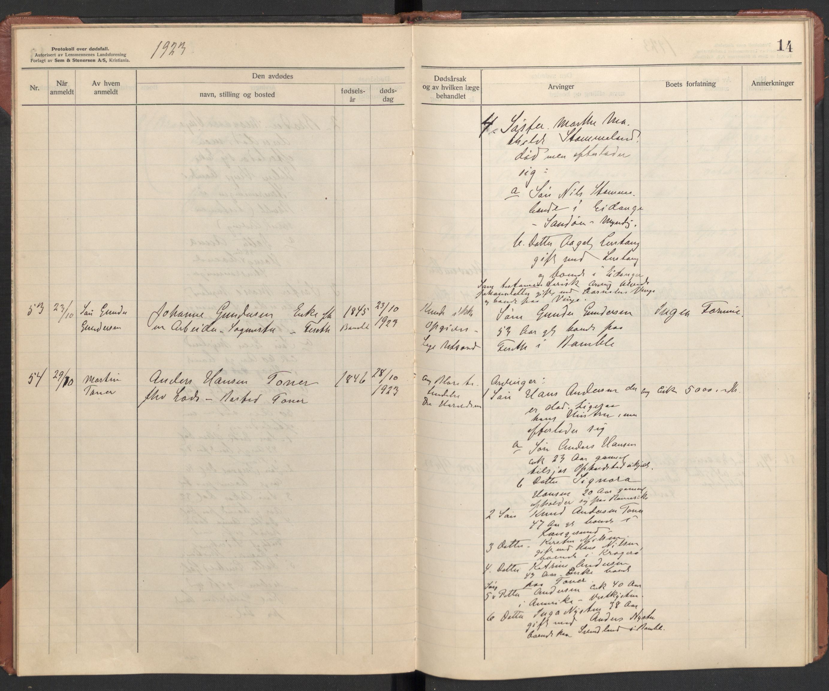 Bamble lensmannskontor, SAKO/A-552/H/Ha/Haa/L0004: Dødsfallsprotokoll, 1923-1926, s. 14