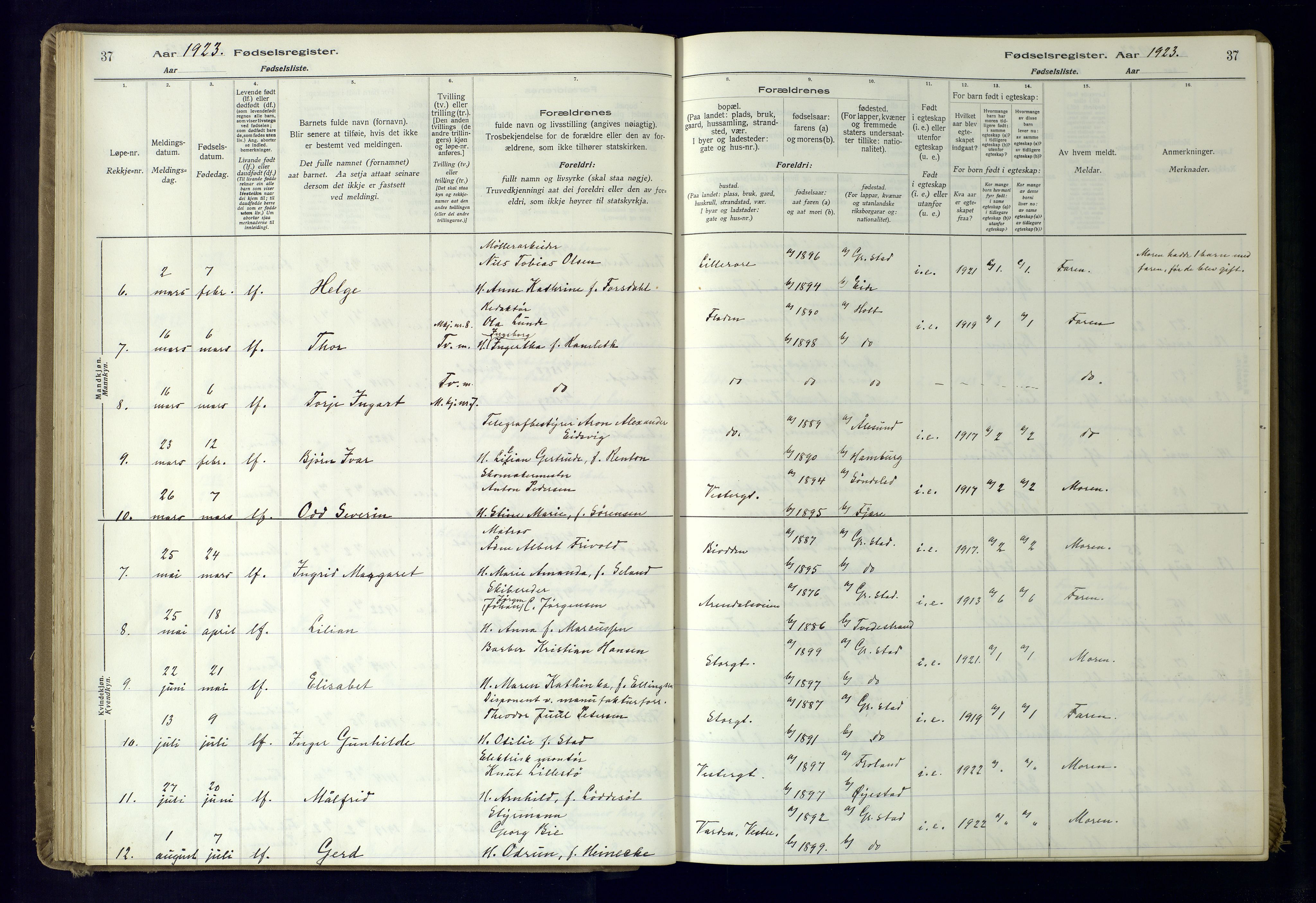 Grimstad sokneprestkontor, AV/SAK-1111-0017/J/Ja/L0001: Fødselsregister nr. 1, 1916-1960, s. 37