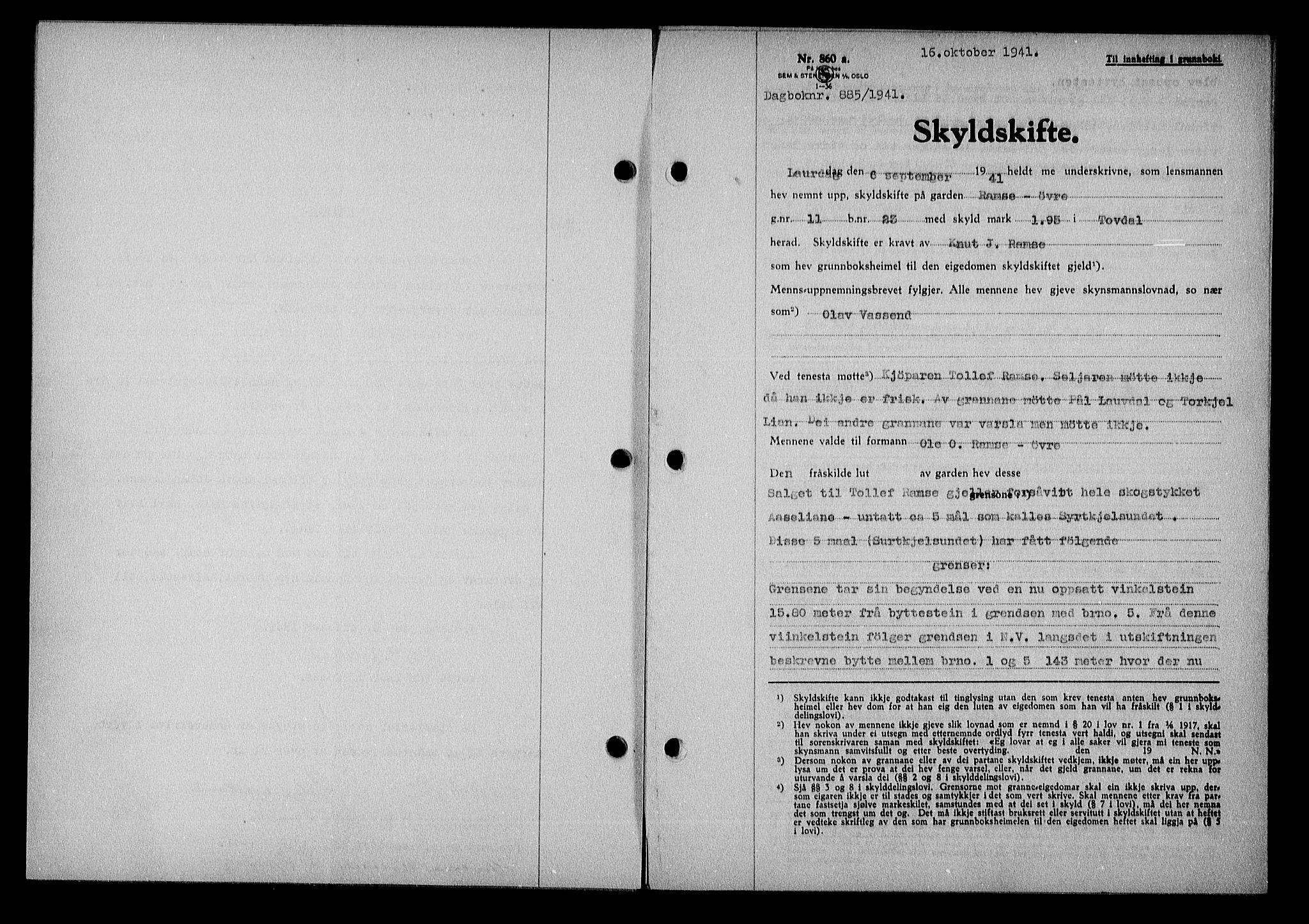 Nedenes sorenskriveri, SAK/1221-0006/G/Gb/Gba/L0048: Pantebok nr. A-II, 1940-1941, Dagboknr: 885/1941