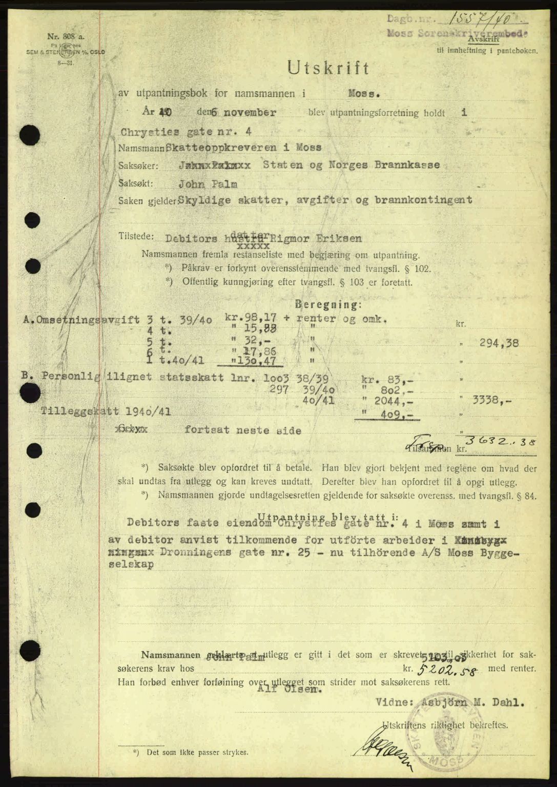 Moss sorenskriveri, SAO/A-10168: Pantebok nr. B10, 1940-1941, Dagboknr: 1557/1940