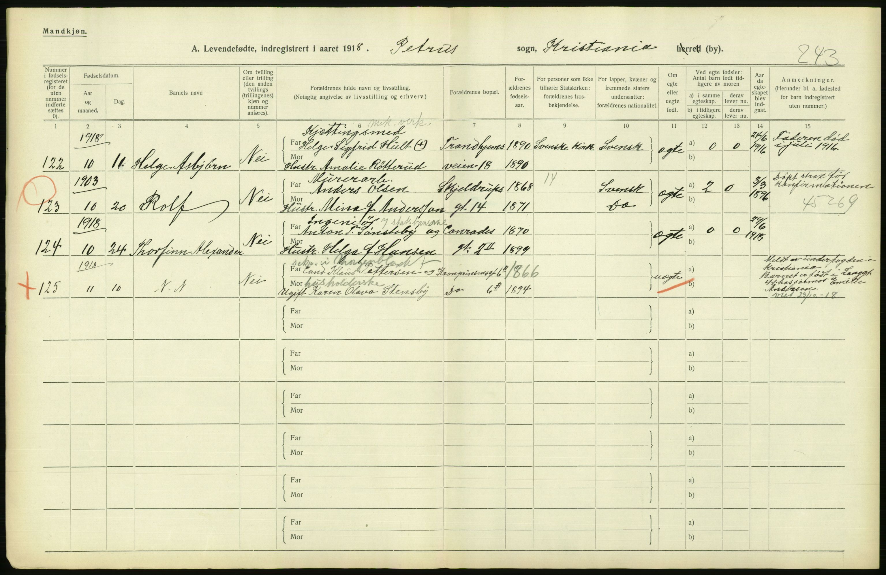 Statistisk sentralbyrå, Sosiodemografiske emner, Befolkning, AV/RA-S-2228/D/Df/Dfb/Dfbh/L0008: Kristiania: Levendefødte menn og kvinner., 1918, s. 616