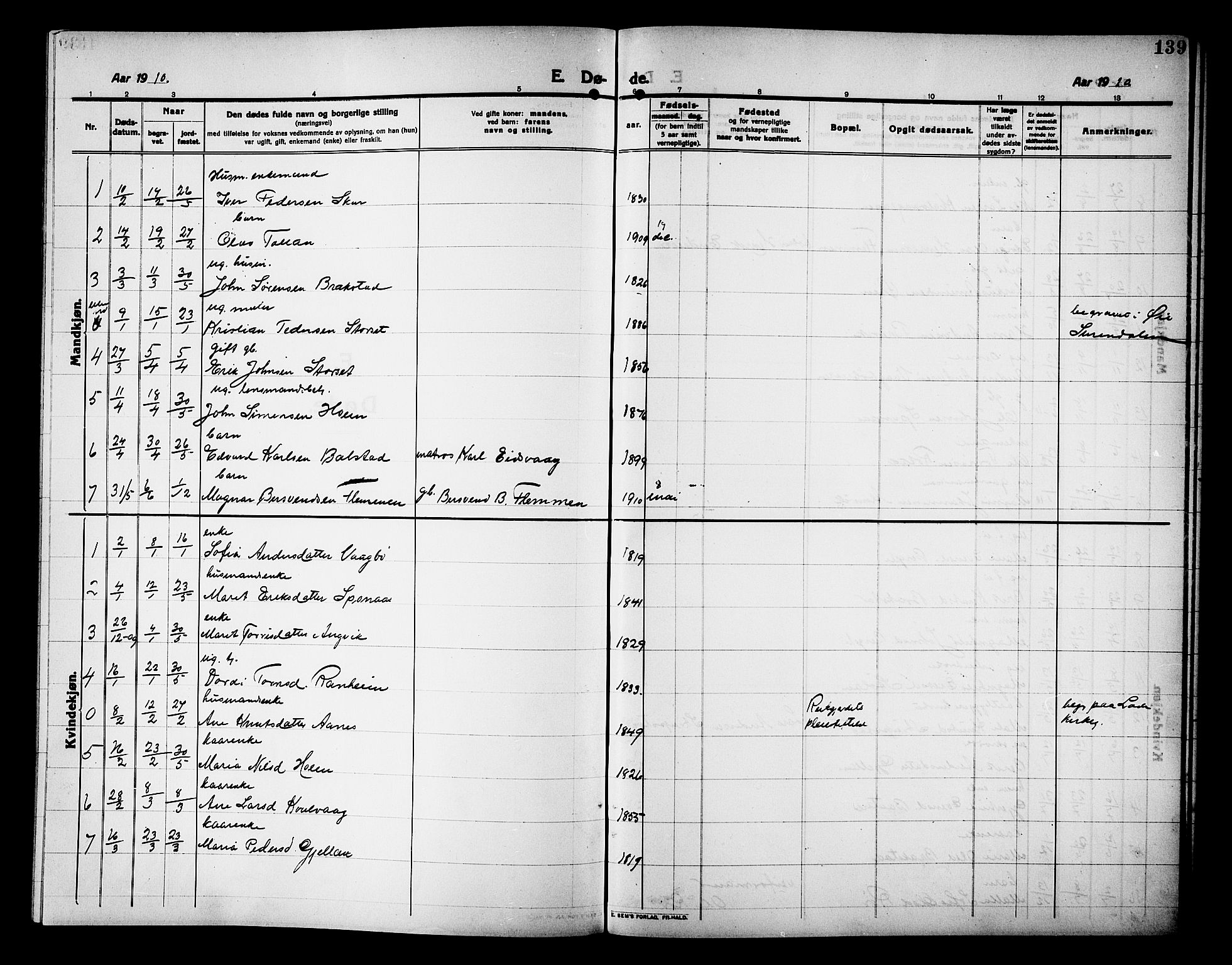 Ministerialprotokoller, klokkerbøker og fødselsregistre - Møre og Romsdal, AV/SAT-A-1454/586/L0993: Klokkerbok nr. 586C04, 1910-1918, s. 139