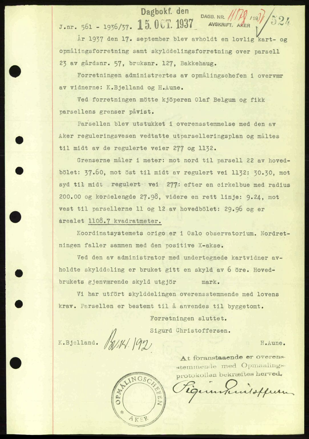 Aker herredsskriveri, SAO/A-10896/G/Gb/Gba/Gbab/L0017: Pantebok nr. A148, 1937-1937, Dagboknr: 11178/1937