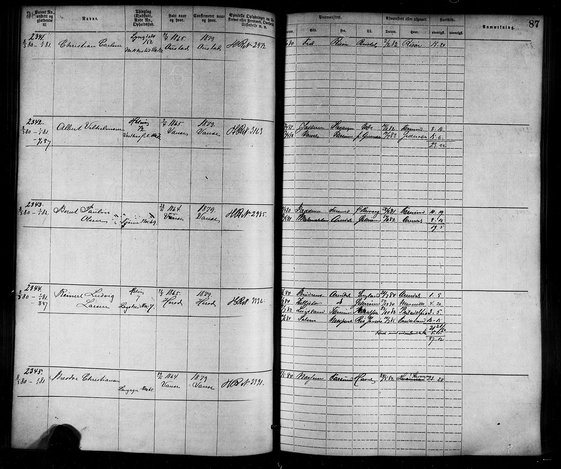 Farsund mønstringskrets, SAK/2031-0017/F/Fa/L0006: Annotasjonsrulle nr 1911-3805 med register, Z-3, 1877-1894, s. 114