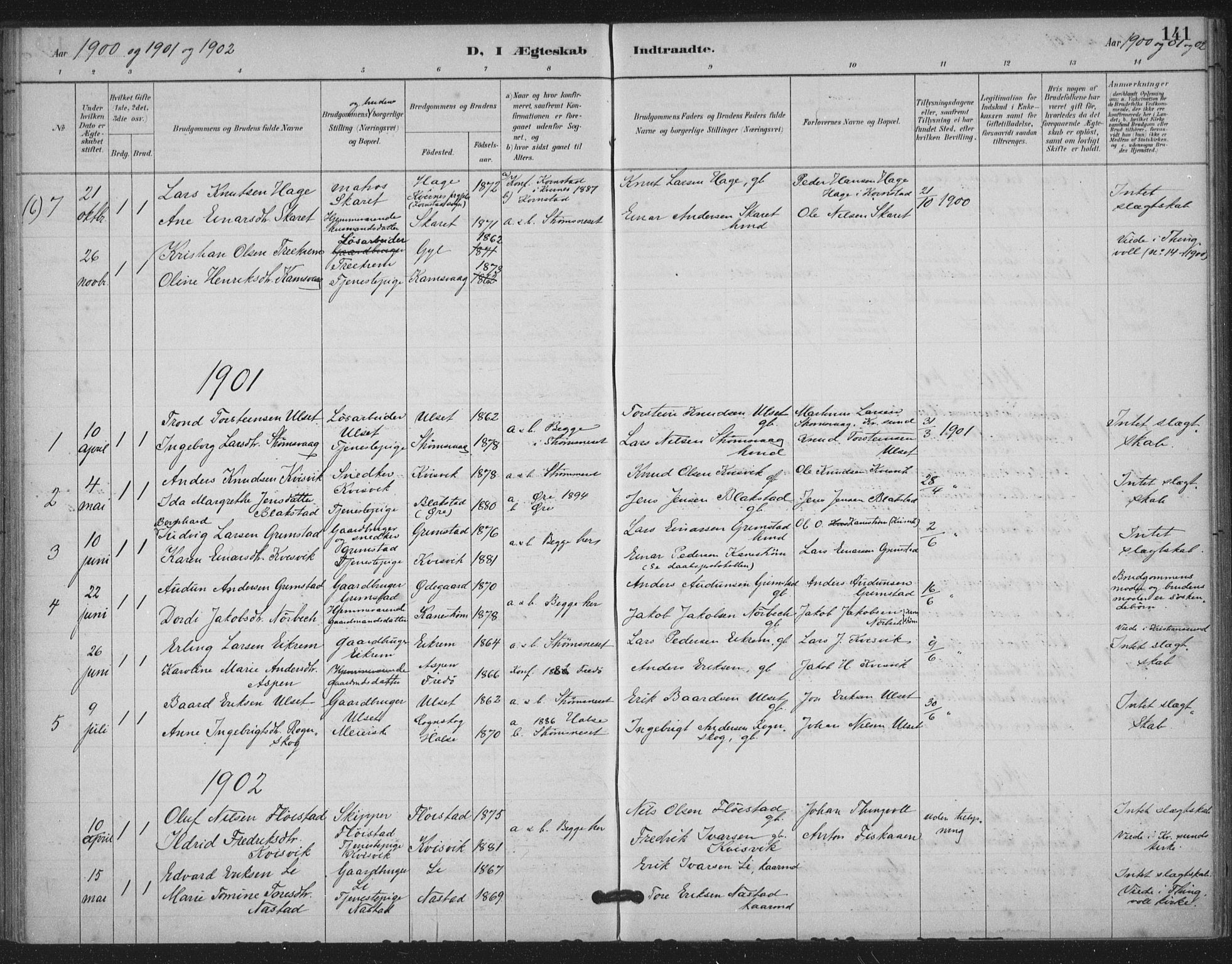 Ministerialprotokoller, klokkerbøker og fødselsregistre - Møre og Romsdal, AV/SAT-A-1454/587/L1000: Ministerialbok nr. 587A02, 1887-1910, s. 141