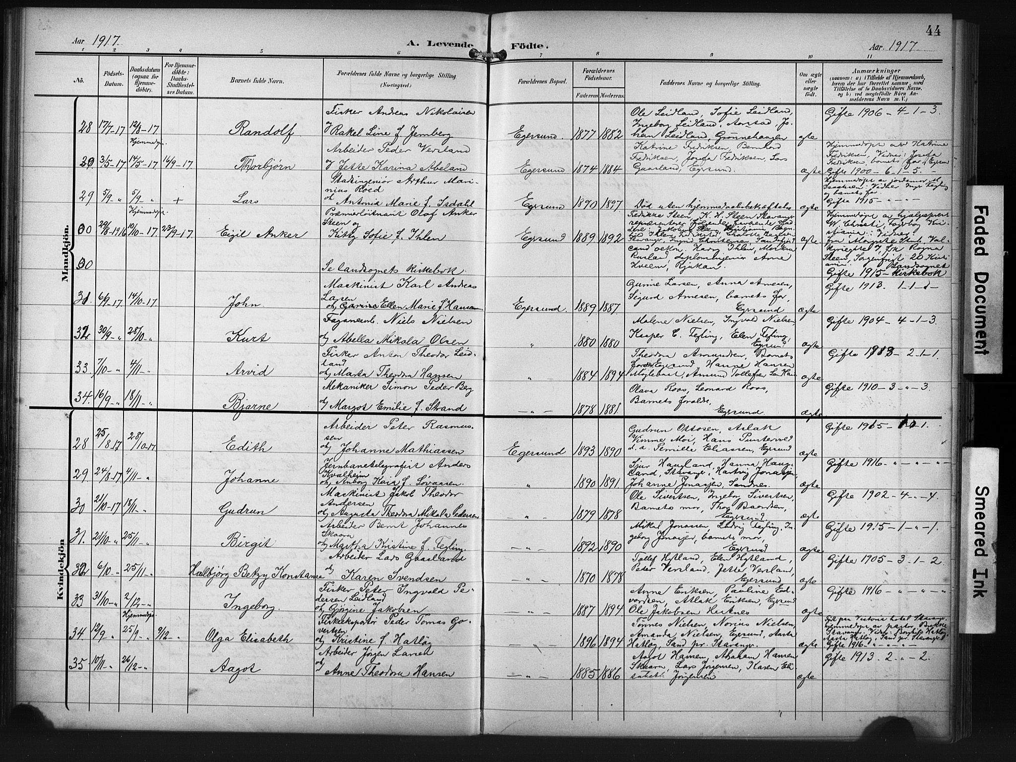 Eigersund sokneprestkontor, AV/SAST-A-101807/S09/L0012: Klokkerbok nr. B 12, 1908-1930, s. 44