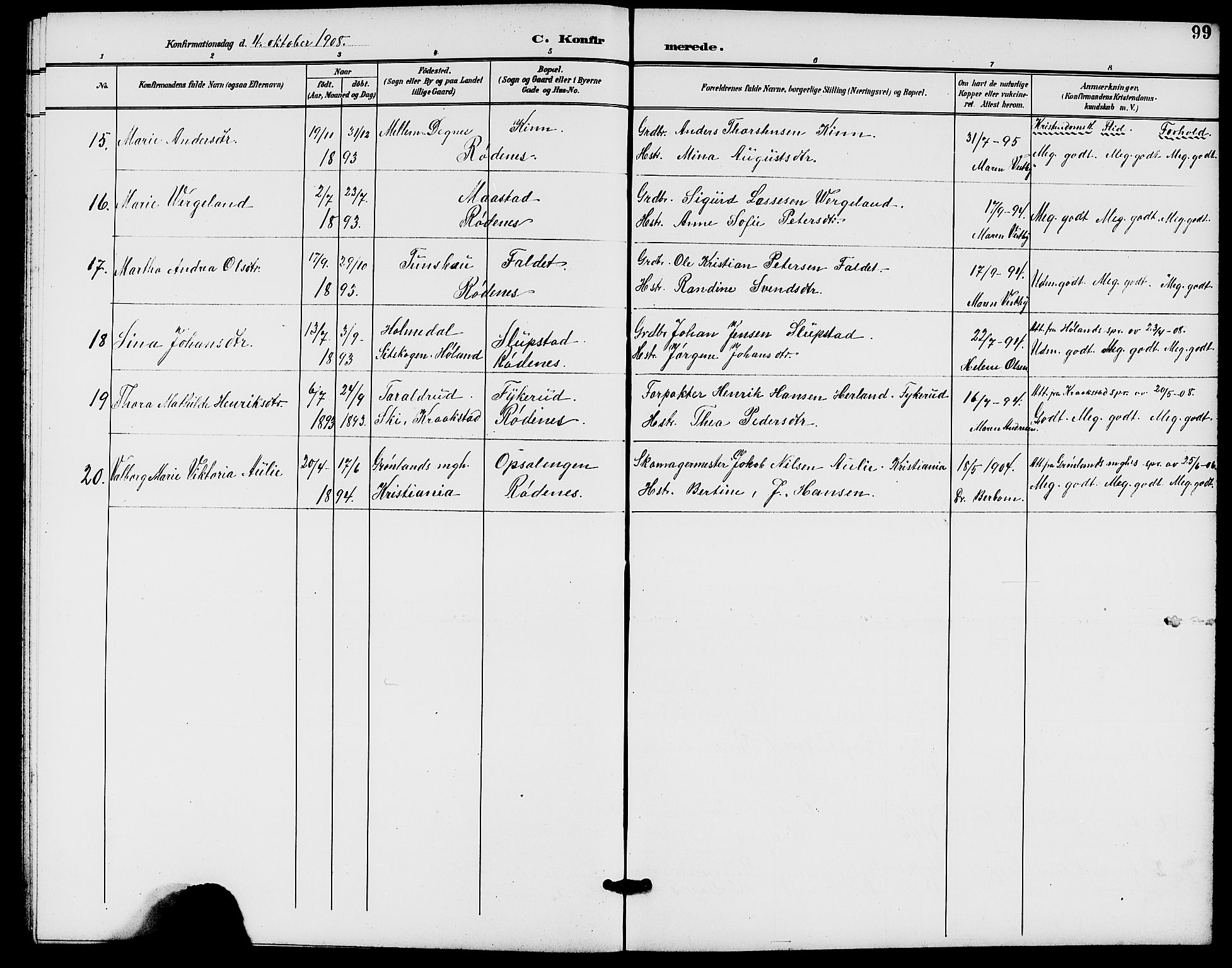 Rødenes prestekontor Kirkebøker, SAO/A-2005/G/Ga/L0002: Klokkerbok nr. I 2, 1901-1910, s. 99