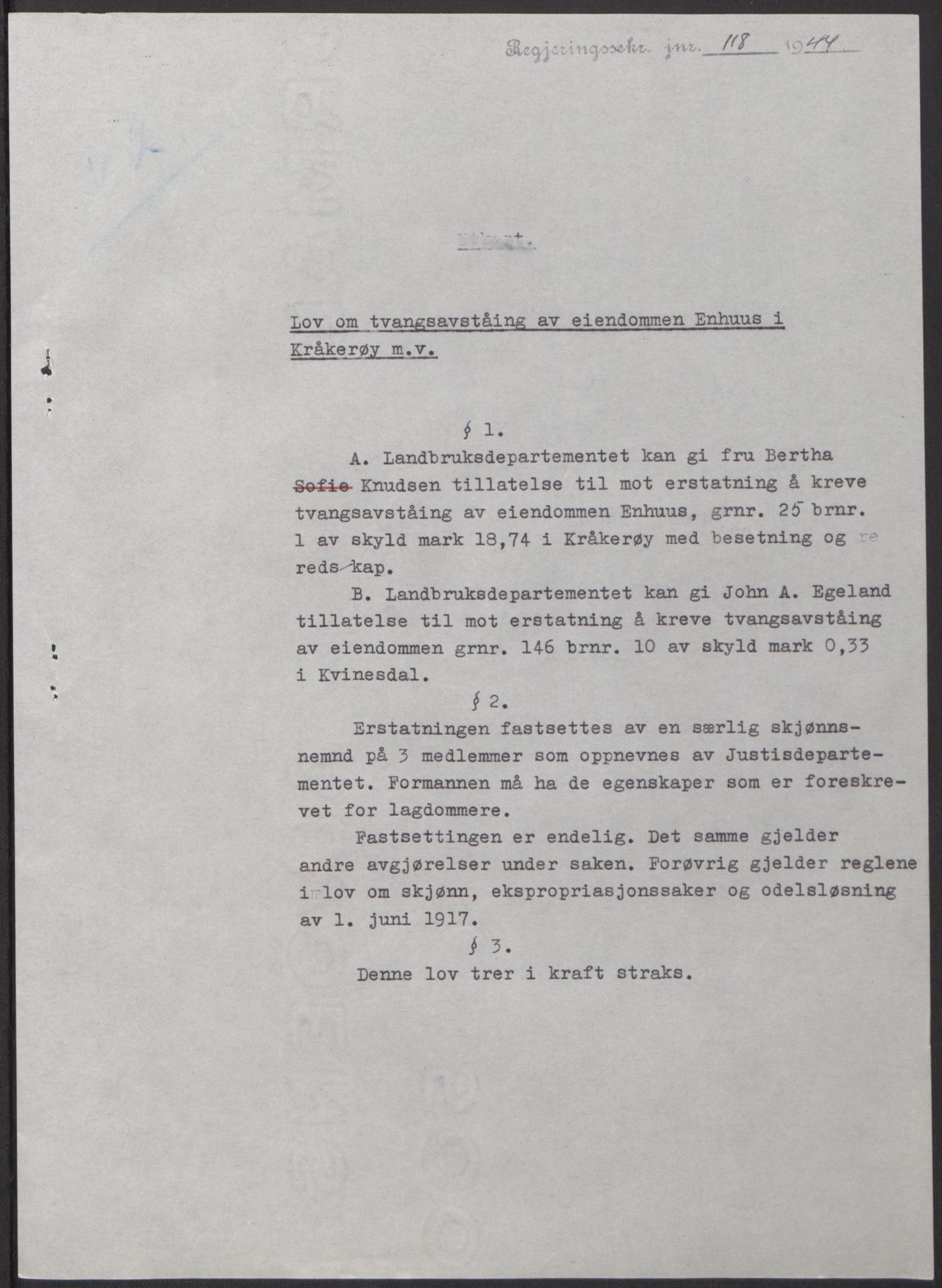 NS-administrasjonen 1940-1945 (Statsrådsekretariatet, de kommisariske statsråder mm), AV/RA-S-4279/D/Db/L0100: Lover, 1944, s. 211