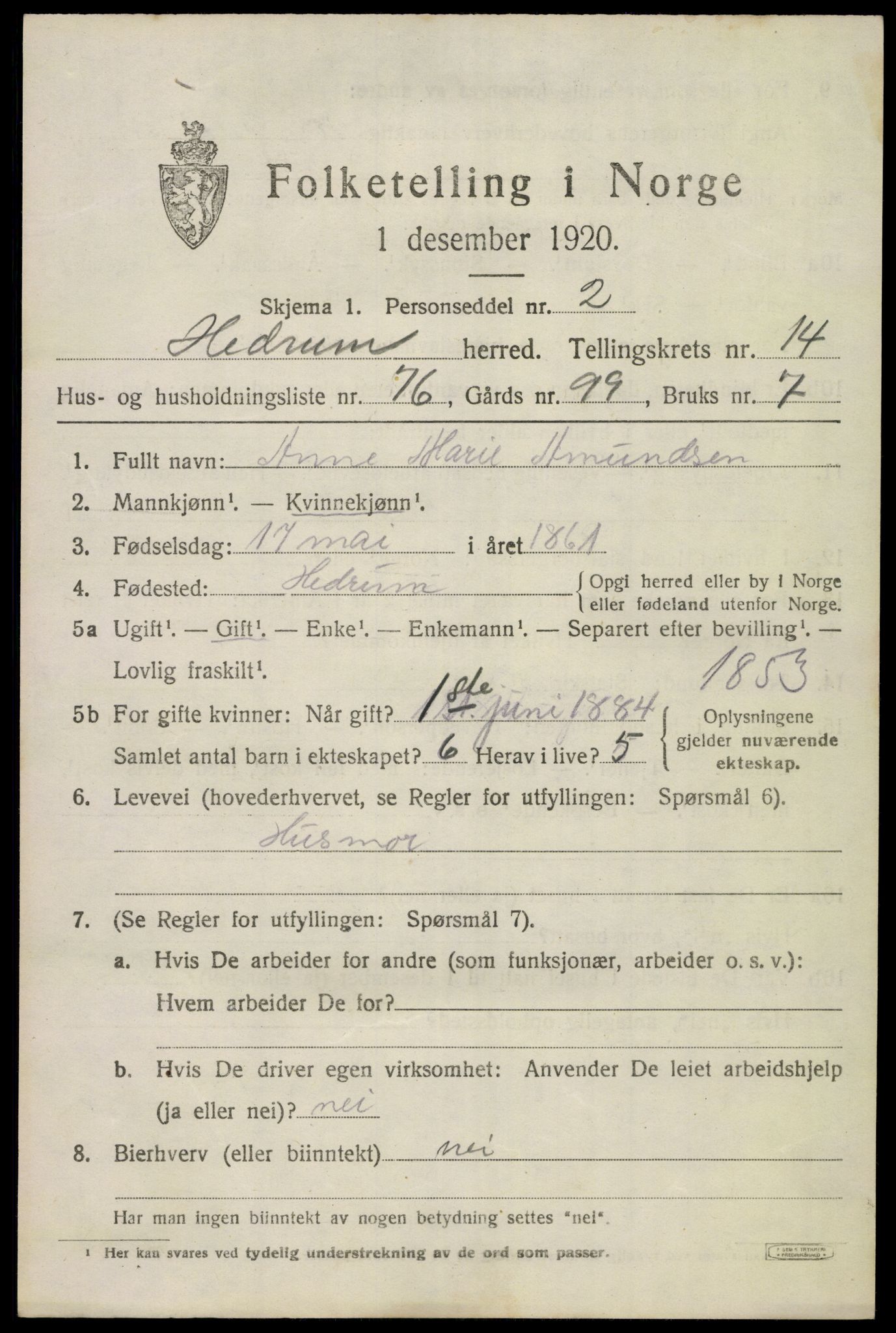 SAKO, Folketelling 1920 for 0727 Hedrum herred, 1920, s. 9873
