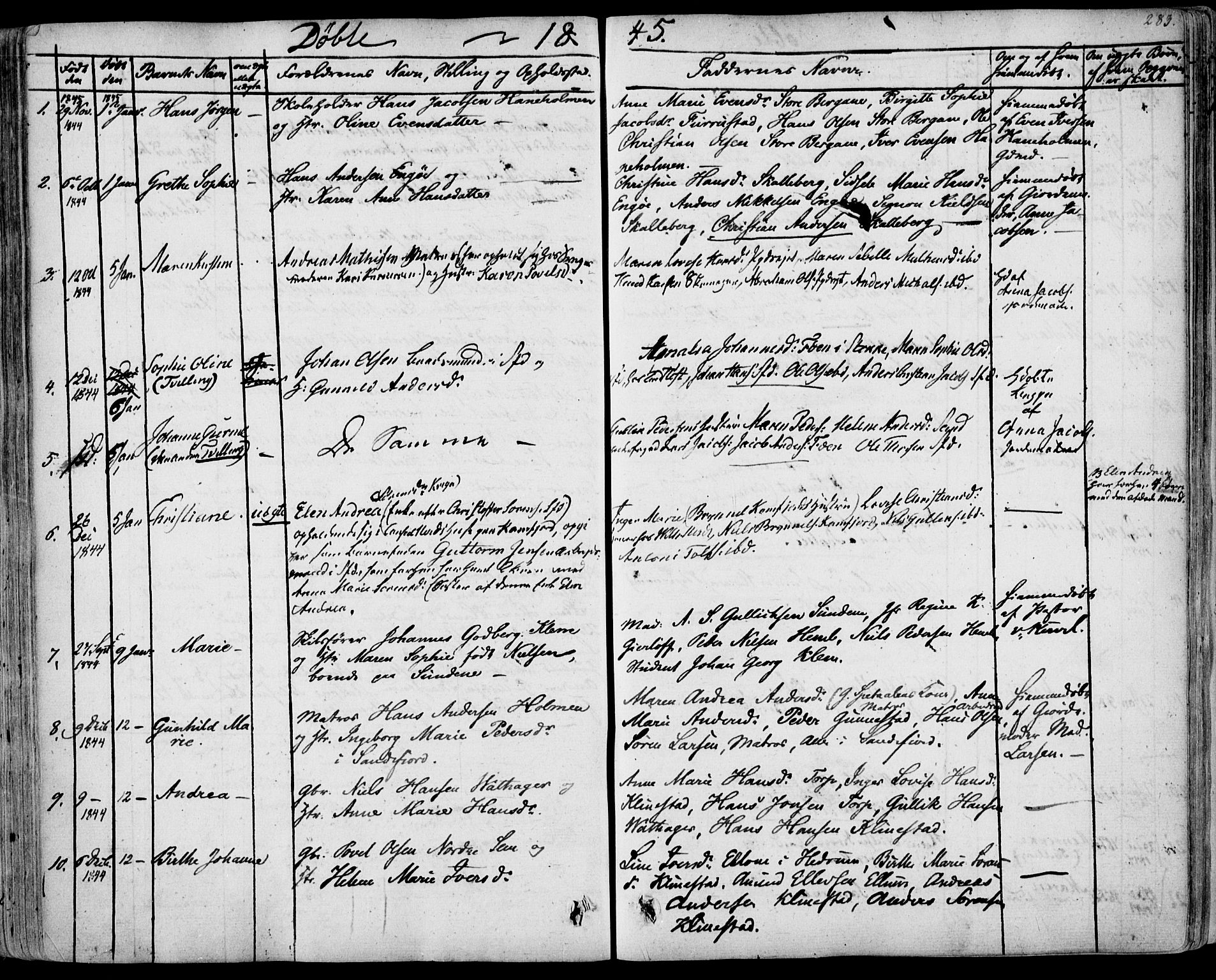 Sandar kirkebøker, AV/SAKO-A-243/F/Fa/L0005: Ministerialbok nr. 5, 1832-1847, s. 282-283