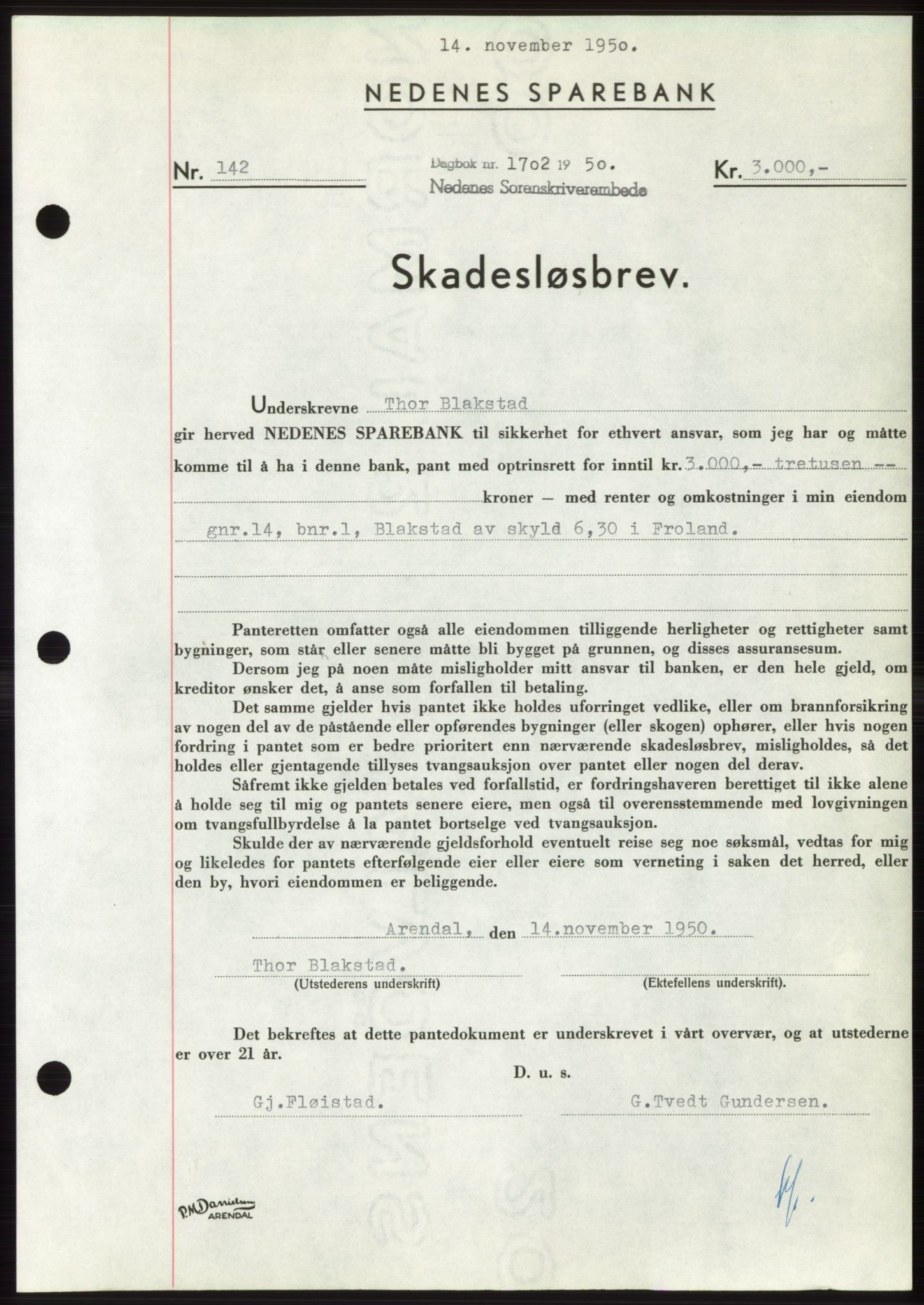 Nedenes sorenskriveri, SAK/1221-0006/G/Gb/Gbb/L0008: Pantebok nr. B8, 1950-1950, Dagboknr: 1702/1950