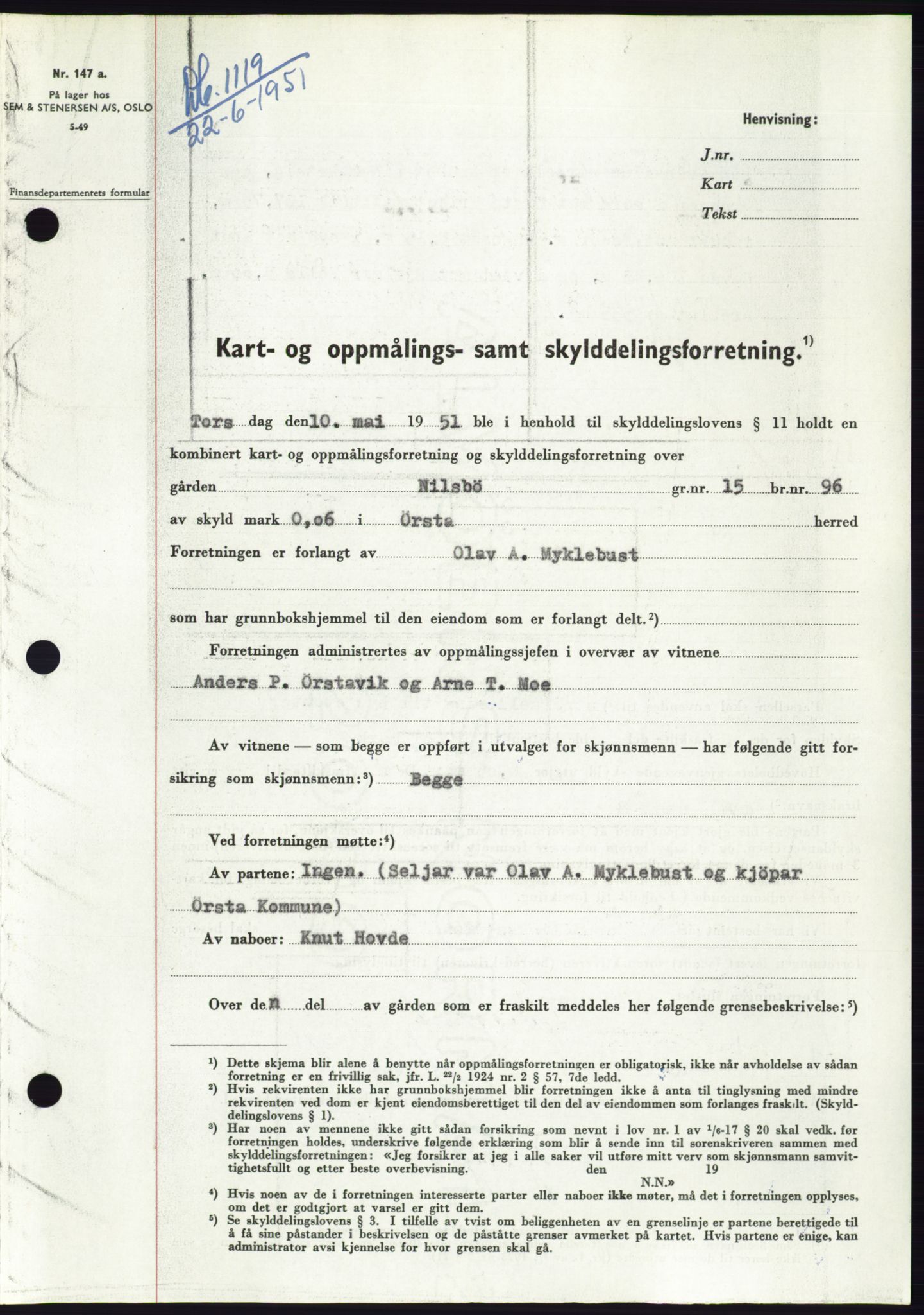 Søre Sunnmøre sorenskriveri, SAT/A-4122/1/2/2C/L0089: Pantebok nr. 15A, 1951-1951, Dagboknr: 1119/1951