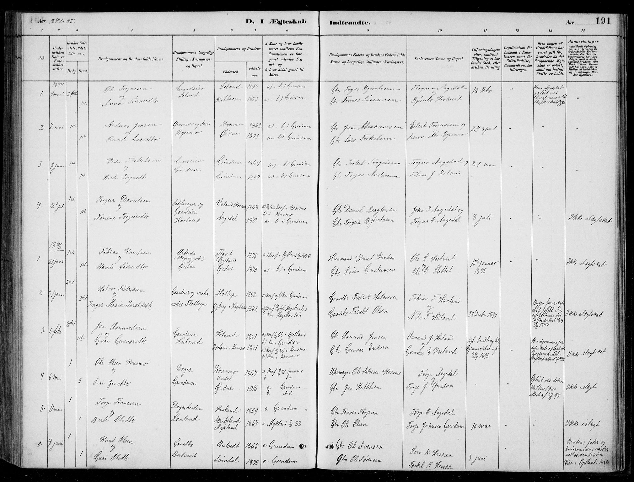 Bjelland sokneprestkontor, AV/SAK-1111-0005/F/Fb/Fbc/L0003: Klokkerbok nr. B 3, 1887-1924, s. 191