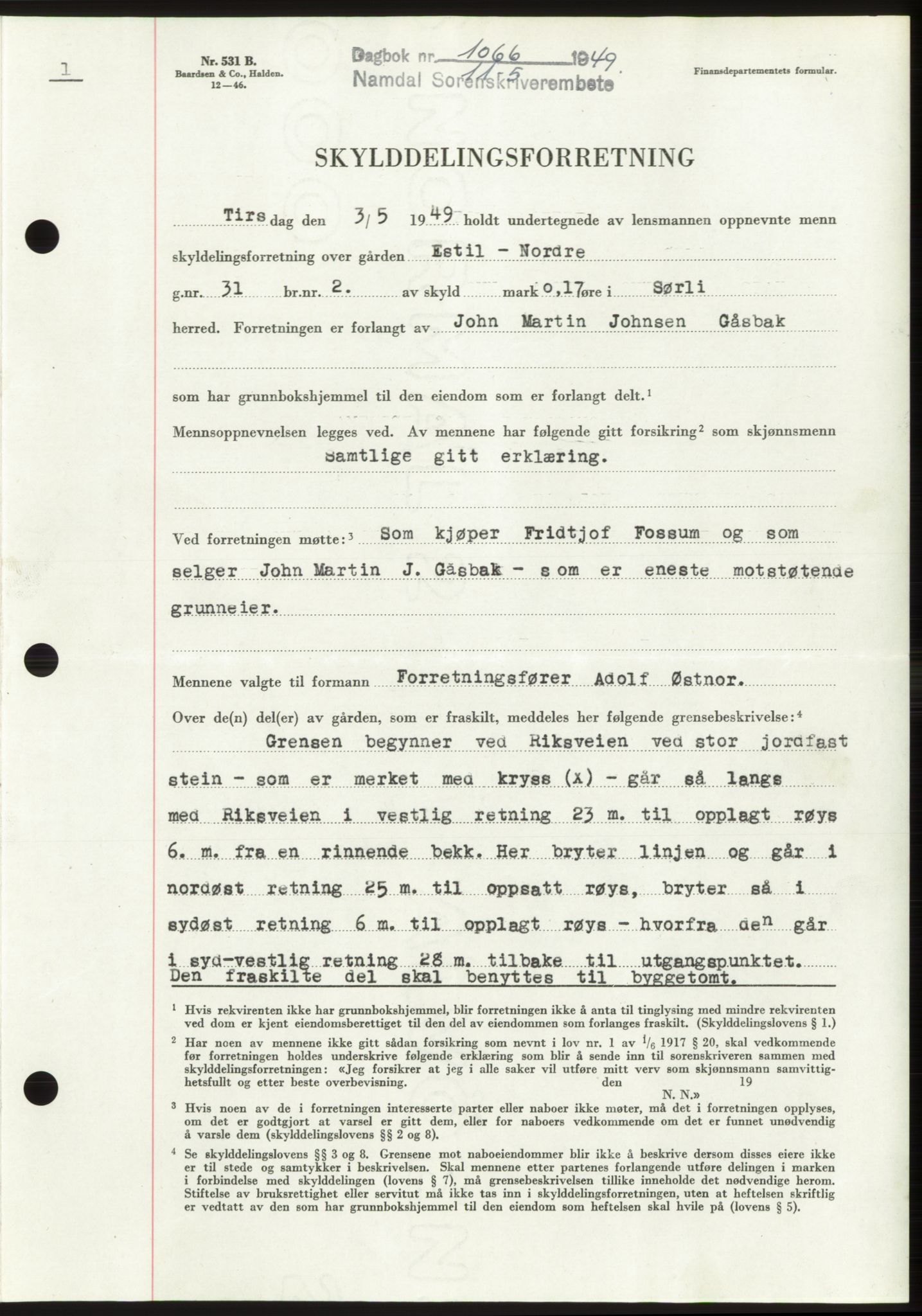 Namdal sorenskriveri, SAT/A-4133/1/2/2C: Pantebok nr. -, 1949-1949, Dagboknr: 1066/1949