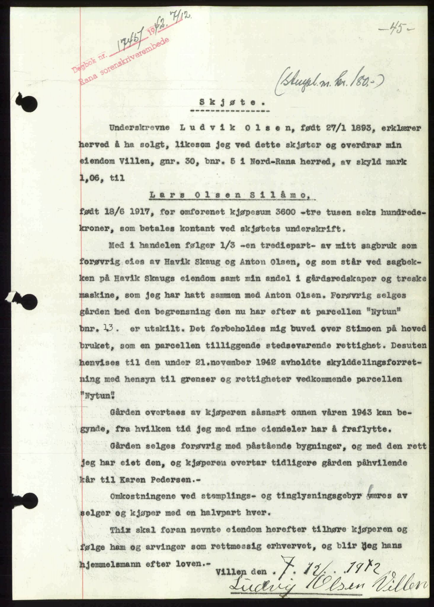 Rana sorenskriveri , SAT/A-1108/1/2/2C: Pantebok nr. A 10, 1942-1943, Dagboknr: 1745/1942
