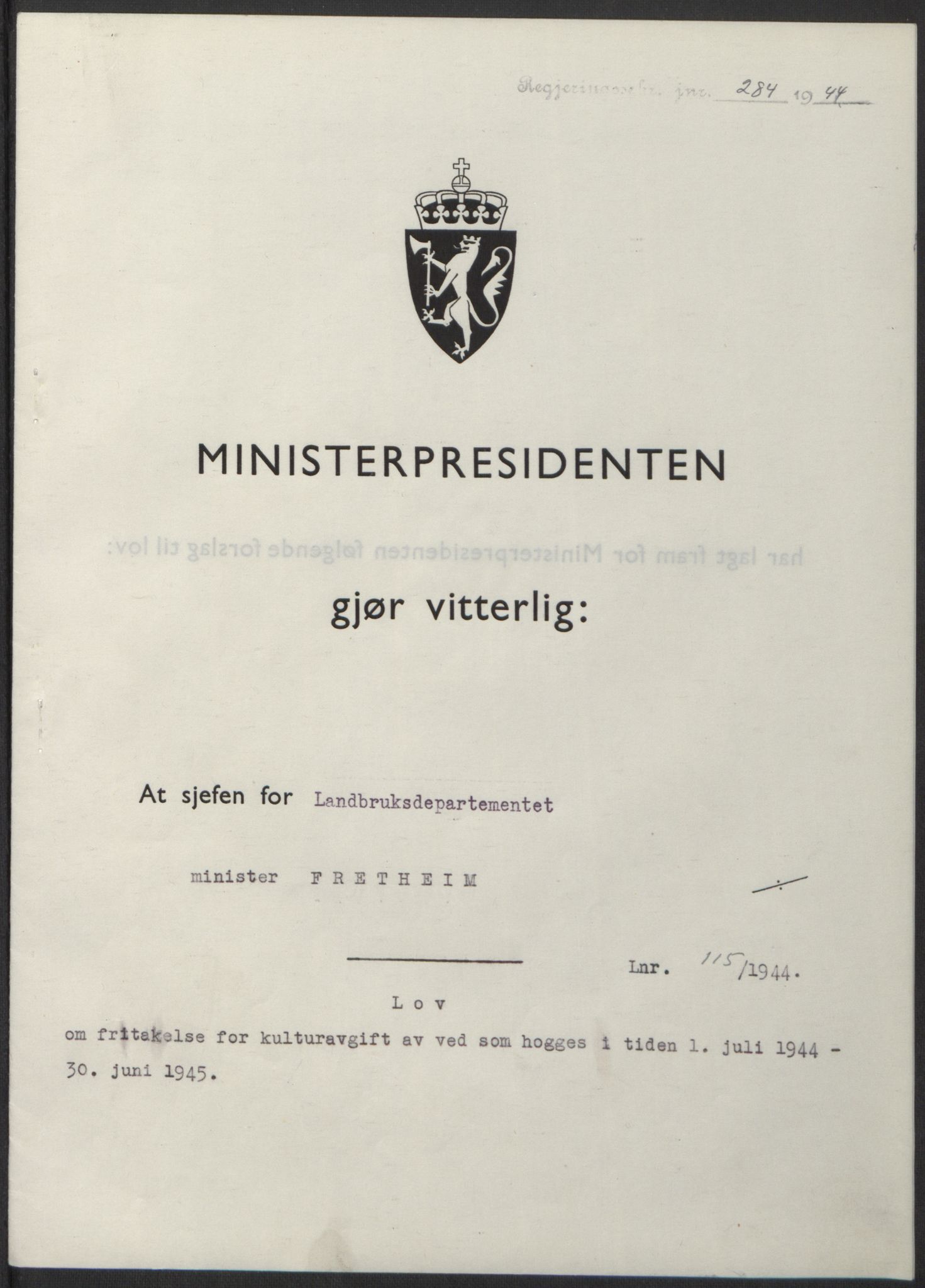 NS-administrasjonen 1940-1945 (Statsrådsekretariatet, de kommisariske statsråder mm), RA/S-4279/D/Db/L0100: Lover, 1944, s. 549