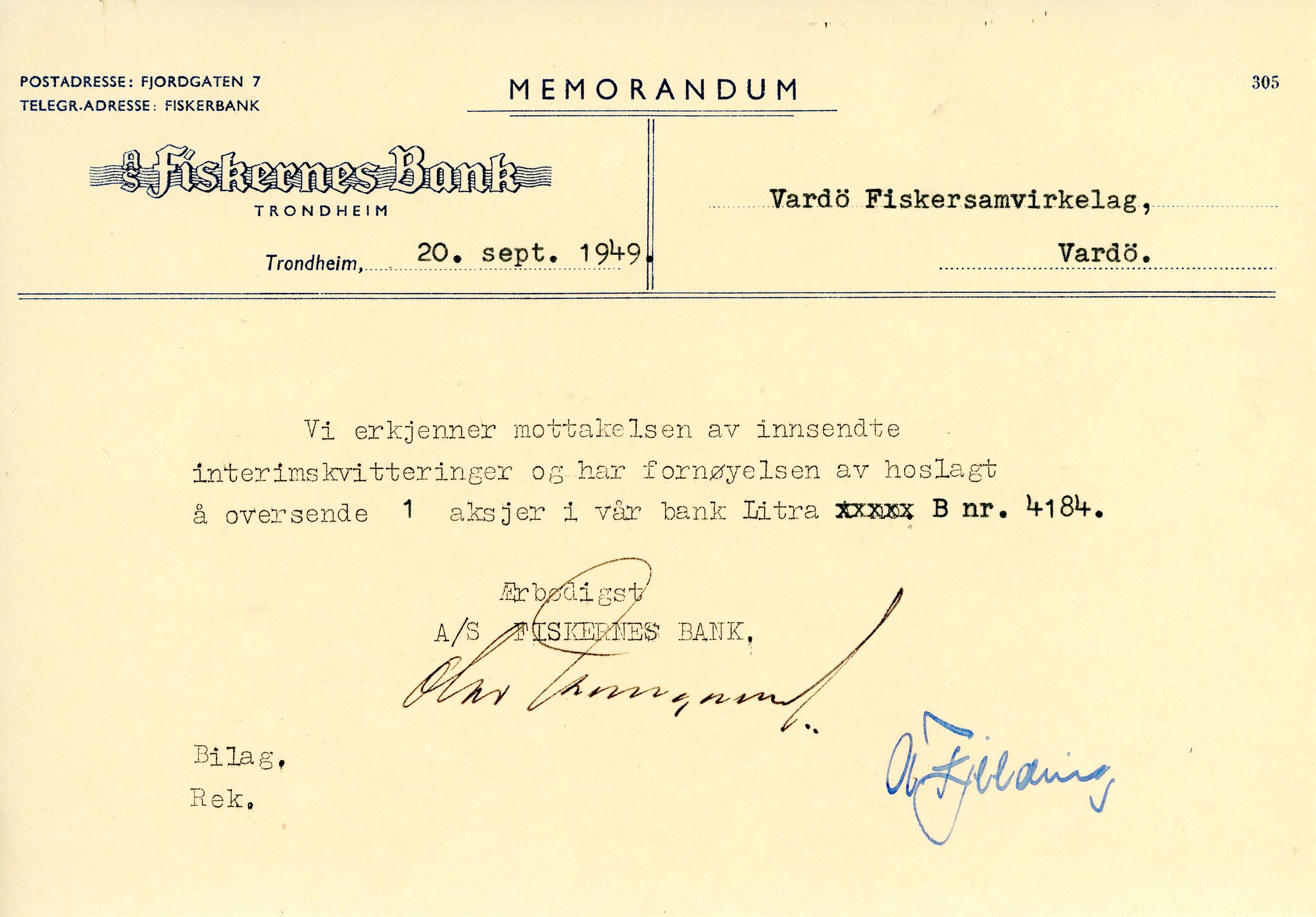 Vardø Fiskersamvirkelag, VAMU/A-0037/D/Da/L0002: Korrespondanse Er-Fi, 1946-1951