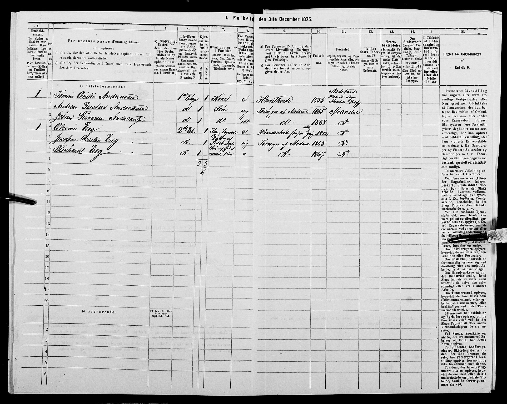 SAK, Folketelling 1875 for 1002B Mandal prestegjeld, Mandal ladested, 1875, s. 652