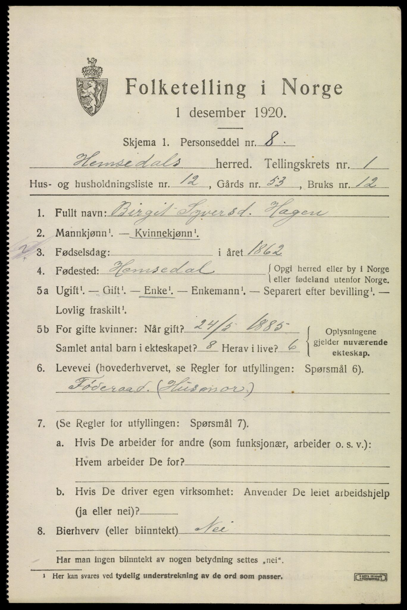 SAKO, Folketelling 1920 for 0618 Hemsedal herred, 1920, s. 688