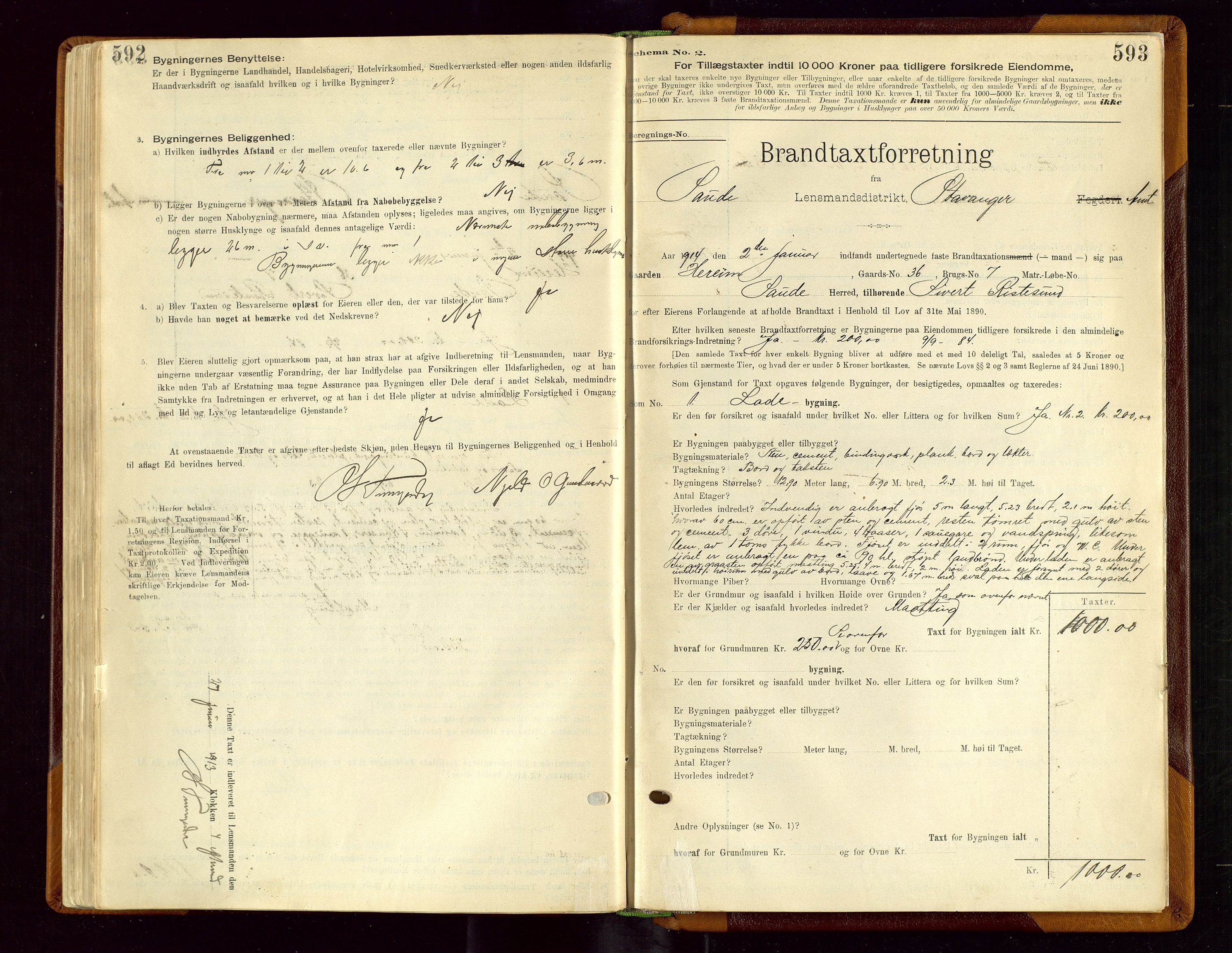 Sauda lensmannskontor, AV/SAST-A-100177/Gob/L0001: Branntakstprotokoll - skjematakst, 1894-1914, s. 592-593