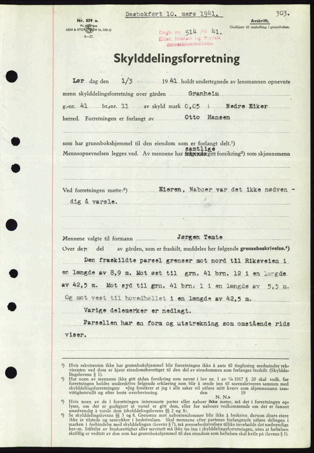 Eiker, Modum og Sigdal sorenskriveri, SAKO/A-123/G/Ga/Gab/L0043: Pantebok nr. A13, 1940-1941, Dagboknr: 514/1941