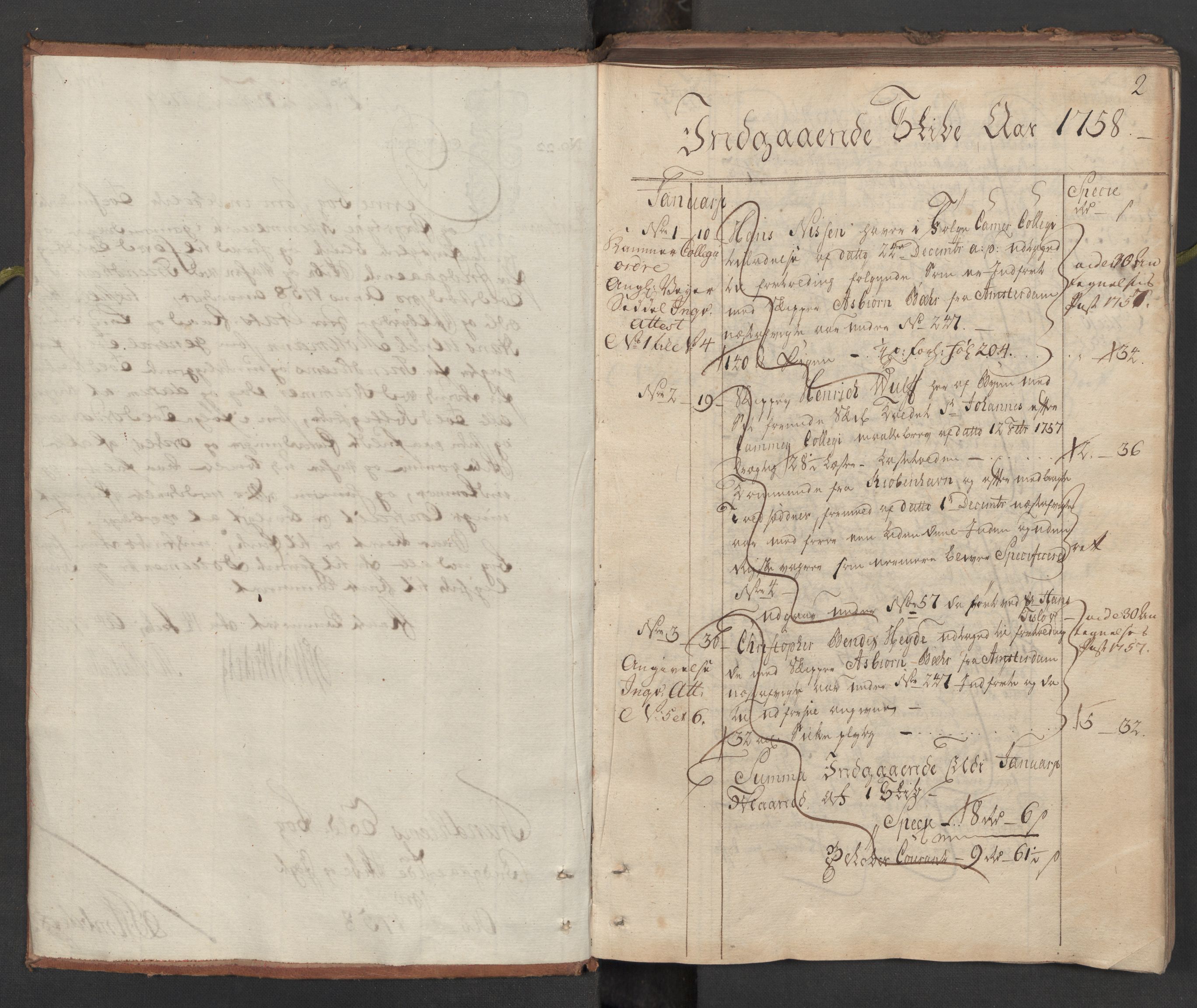 Generaltollkammeret, tollregnskaper, AV/RA-EA-5490/R33/L0056/0001: Tollregnskaper Trondheim A / Inngående hovedtollbok, 1758