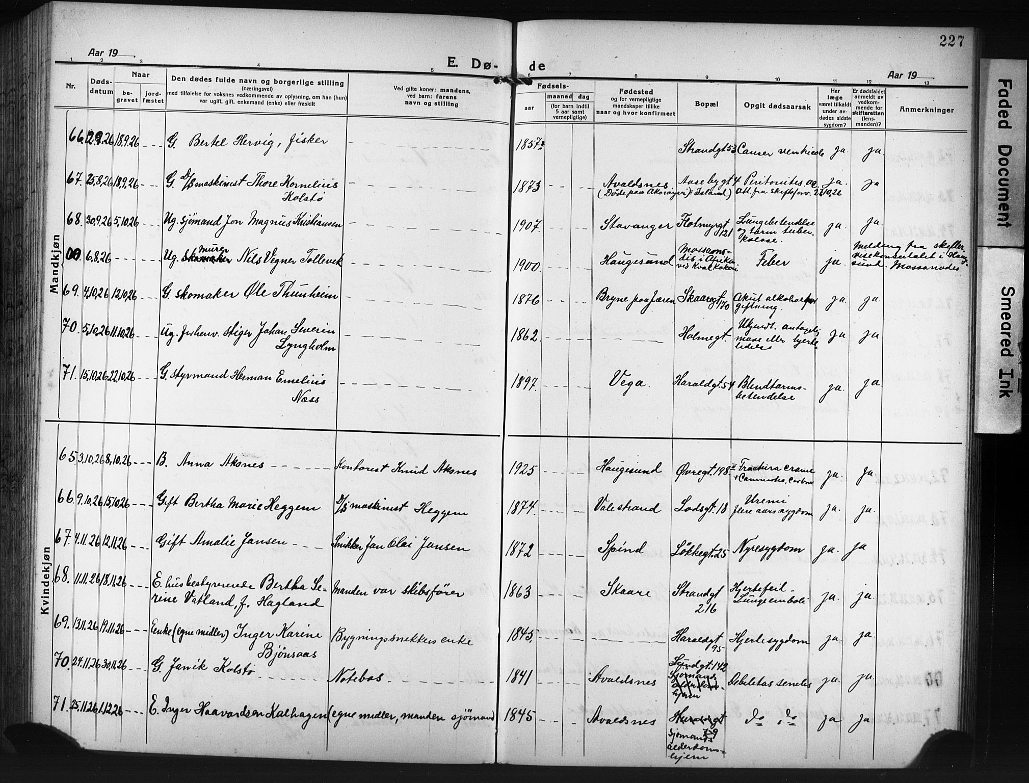 Haugesund sokneprestkontor, AV/SAST-A -101863/H/Ha/Hab/L0010: Klokkerbok nr. B 10, 1920-1931, s. 227