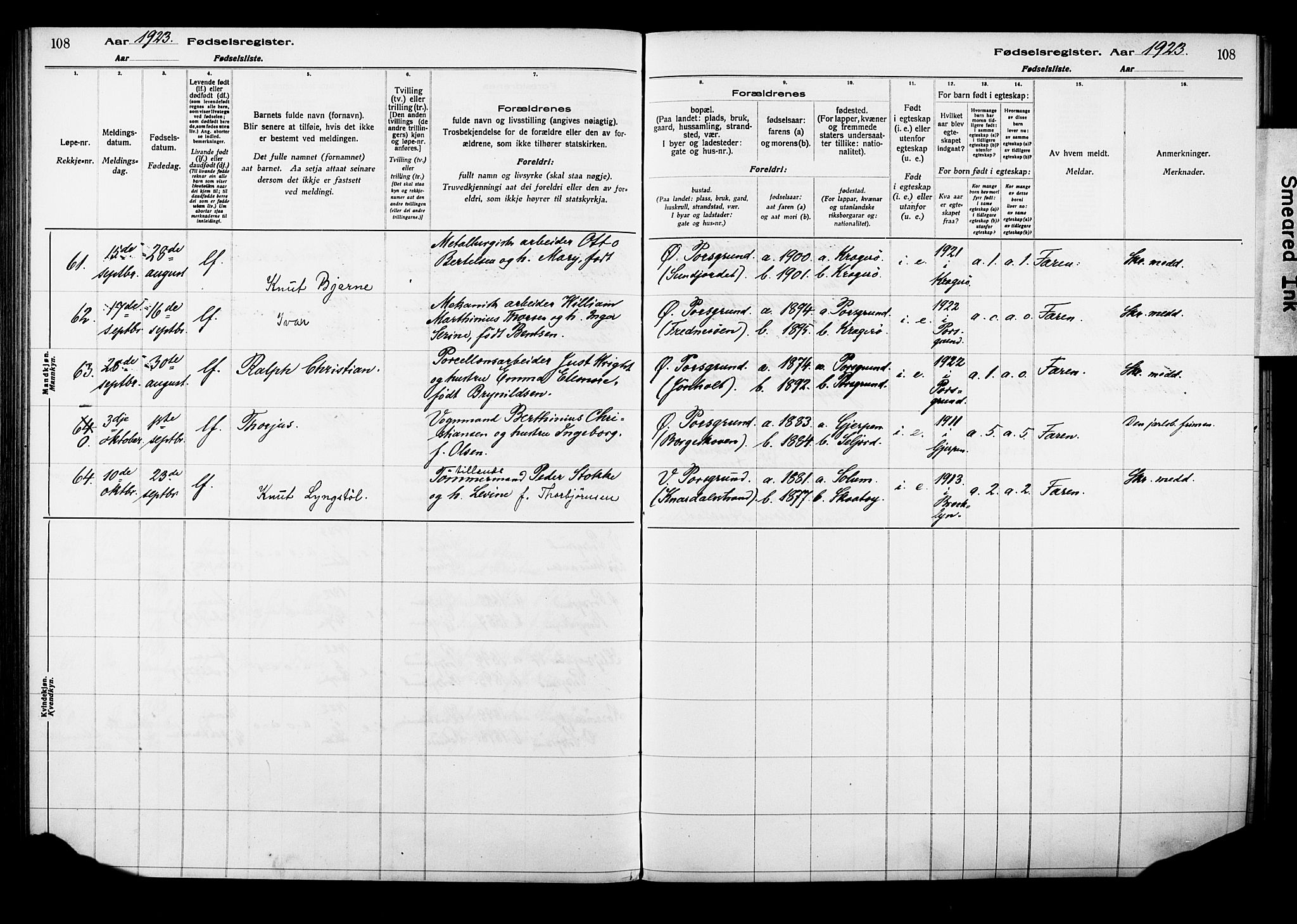 Porsgrunn kirkebøker , AV/SAKO-A-104/J/Ja/L0001: Fødselsregister nr. 1, 1916-1929, s. 108