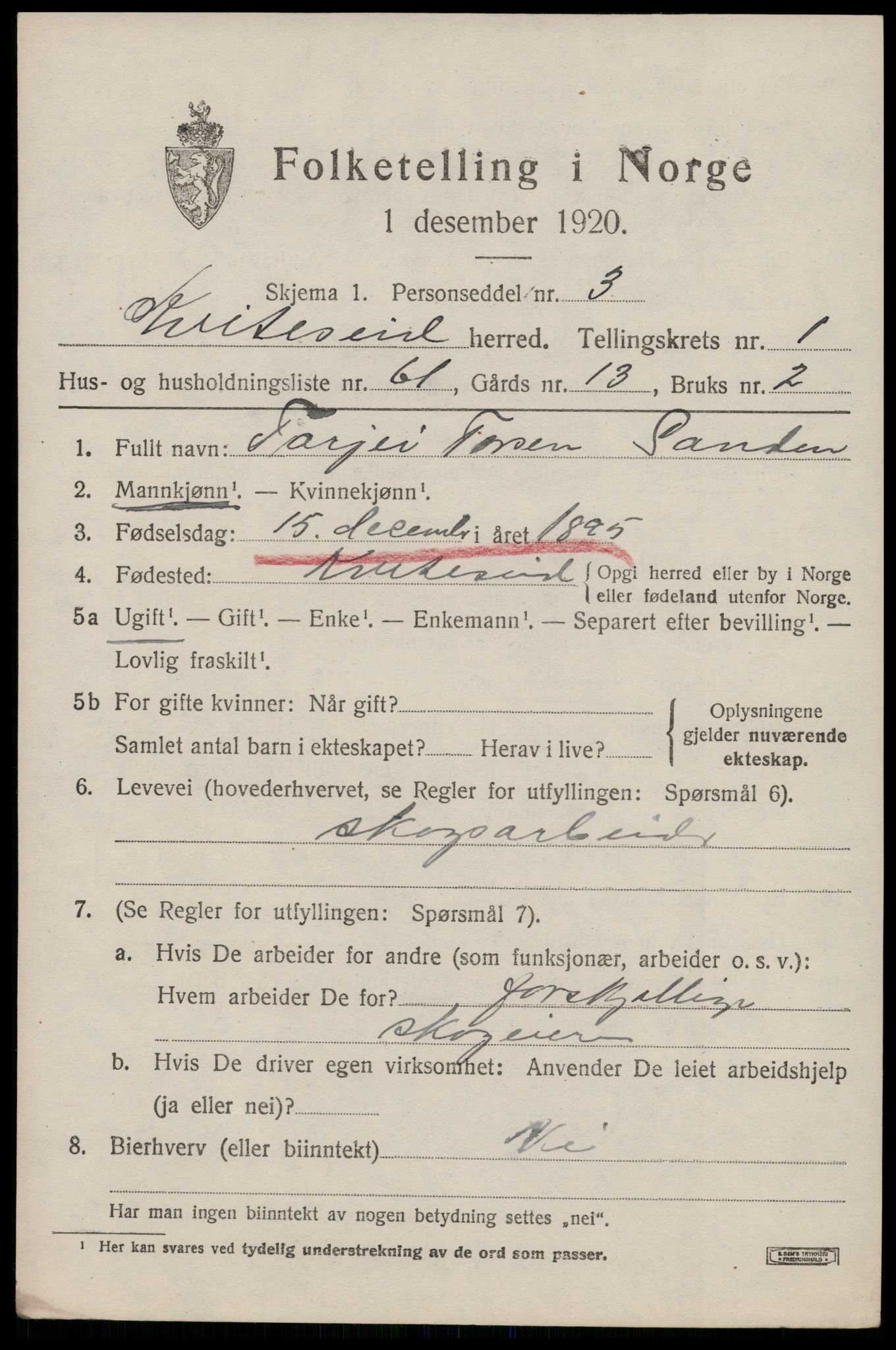 SAKO, Folketelling 1920 for 0829 Kviteseid herred, 1920, s. 2061