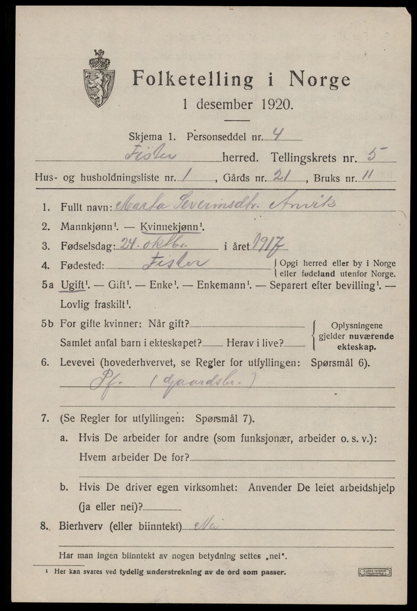 SAST, Folketelling 1920 for 1132 Fister herred, 1920, s. 1279