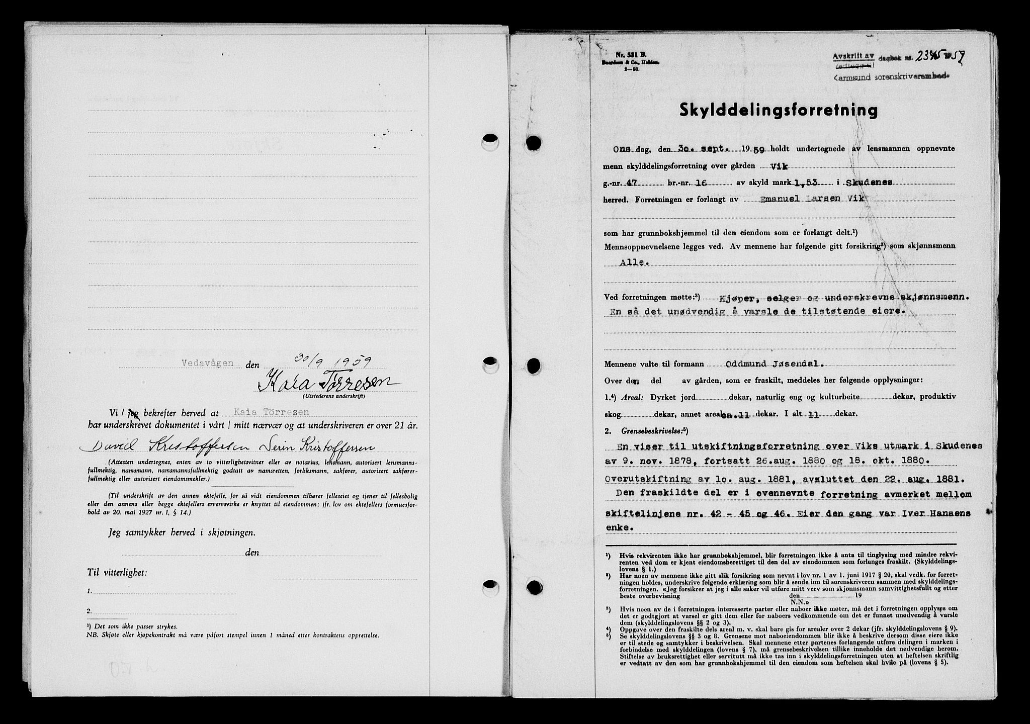 Karmsund sorenskriveri, SAST/A-100311/01/II/IIB/L0132: Pantebok nr. 112A, 1959-1959, Dagboknr: 2345/1959
