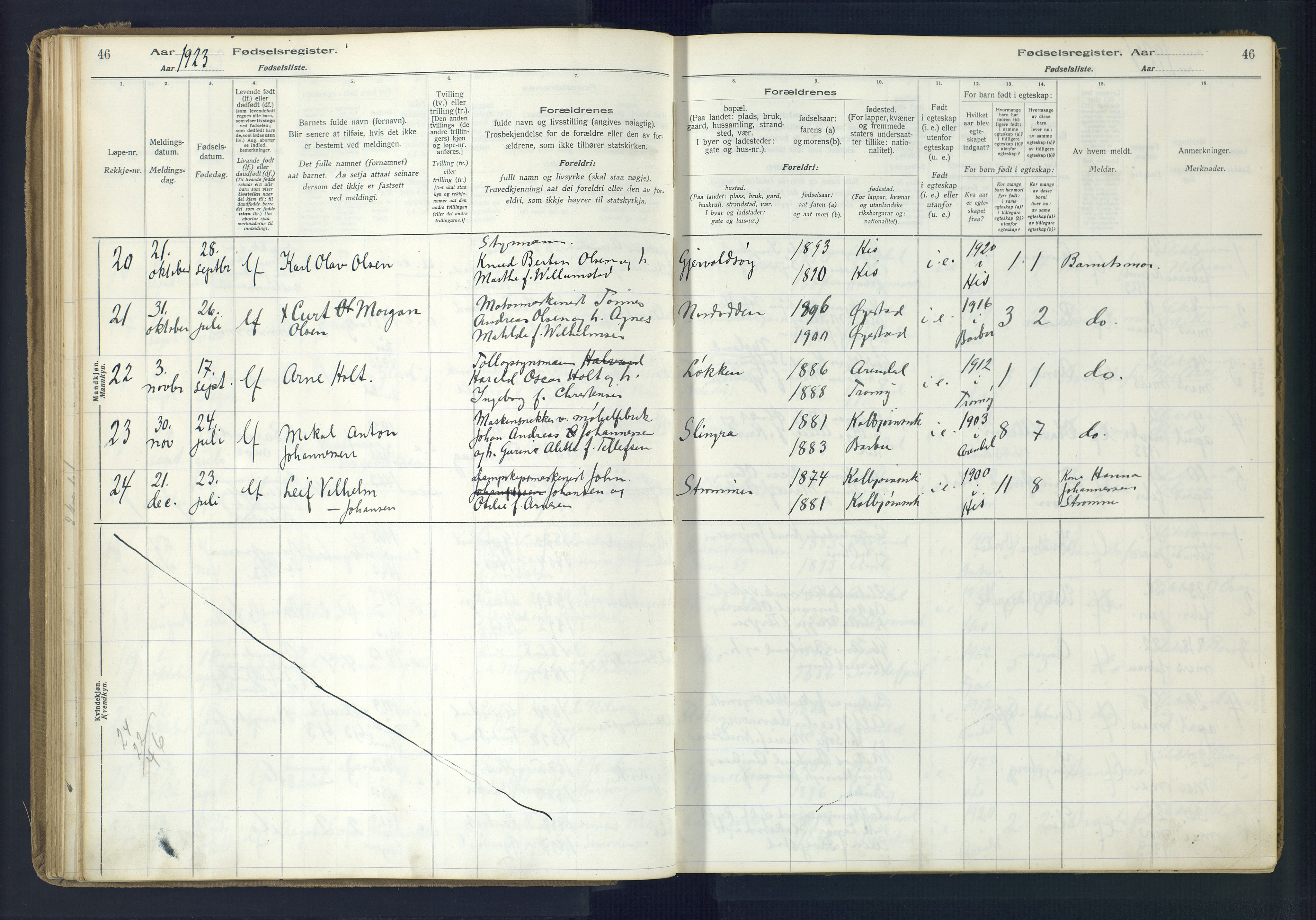 Hisøy sokneprestkontor, AV/SAK-1111-0020/J/Ja/L0001: Fødselsregister nr. A-VI-14, 1916-1951, s. 46