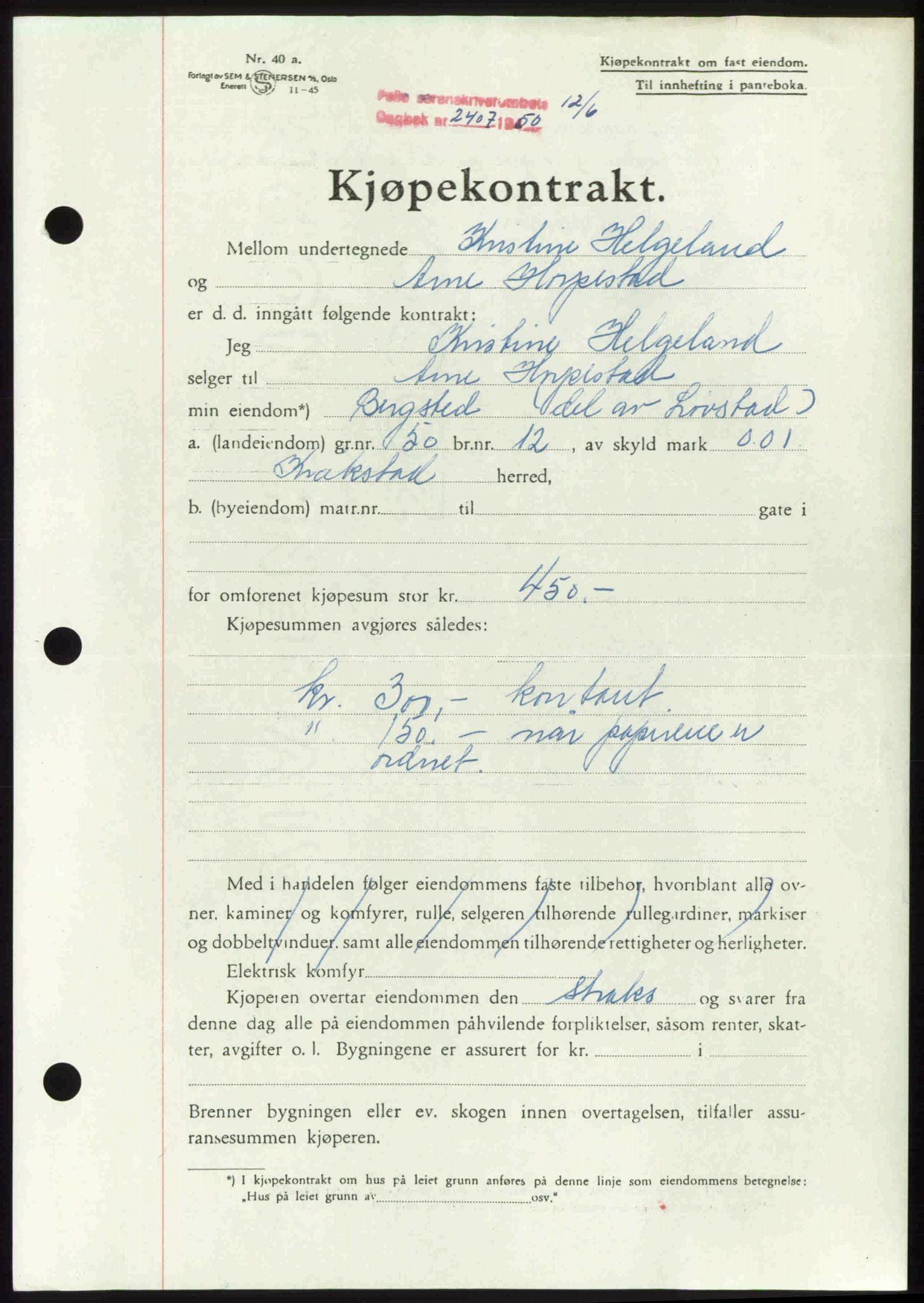 Follo sorenskriveri, SAO/A-10274/G/Ga/Gaa/L0092: Pantebok nr. I 92, 1950-1950, Dagboknr: 2407/1950