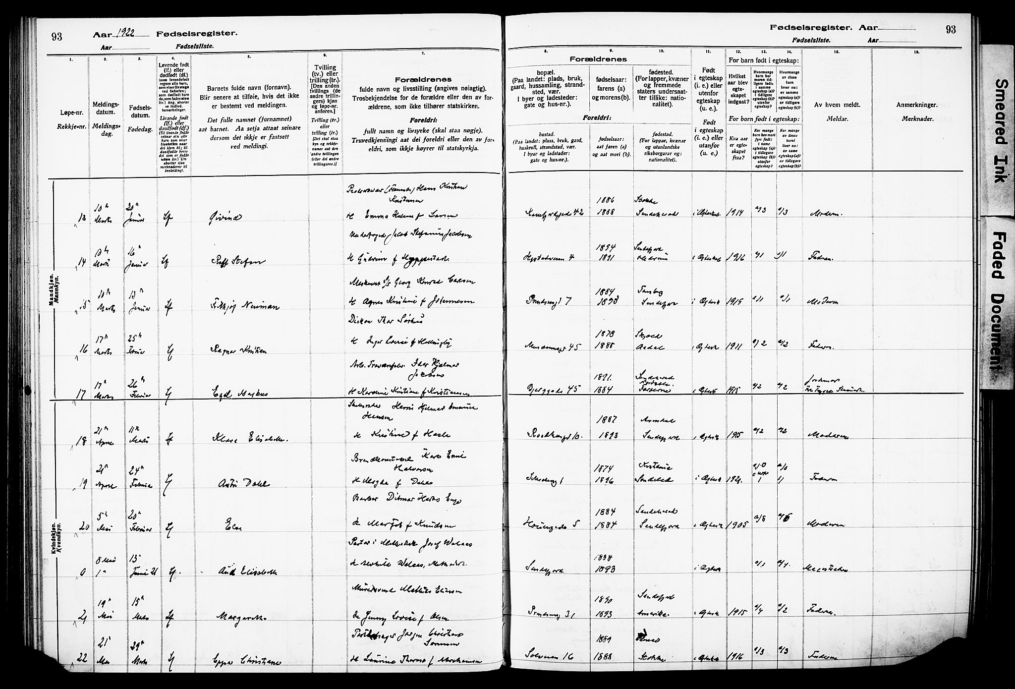 Sandefjord kirkebøker, SAKO/A-315/J/Ja/L0001: Fødselsregister nr. 1, 1916-1932, s. 93