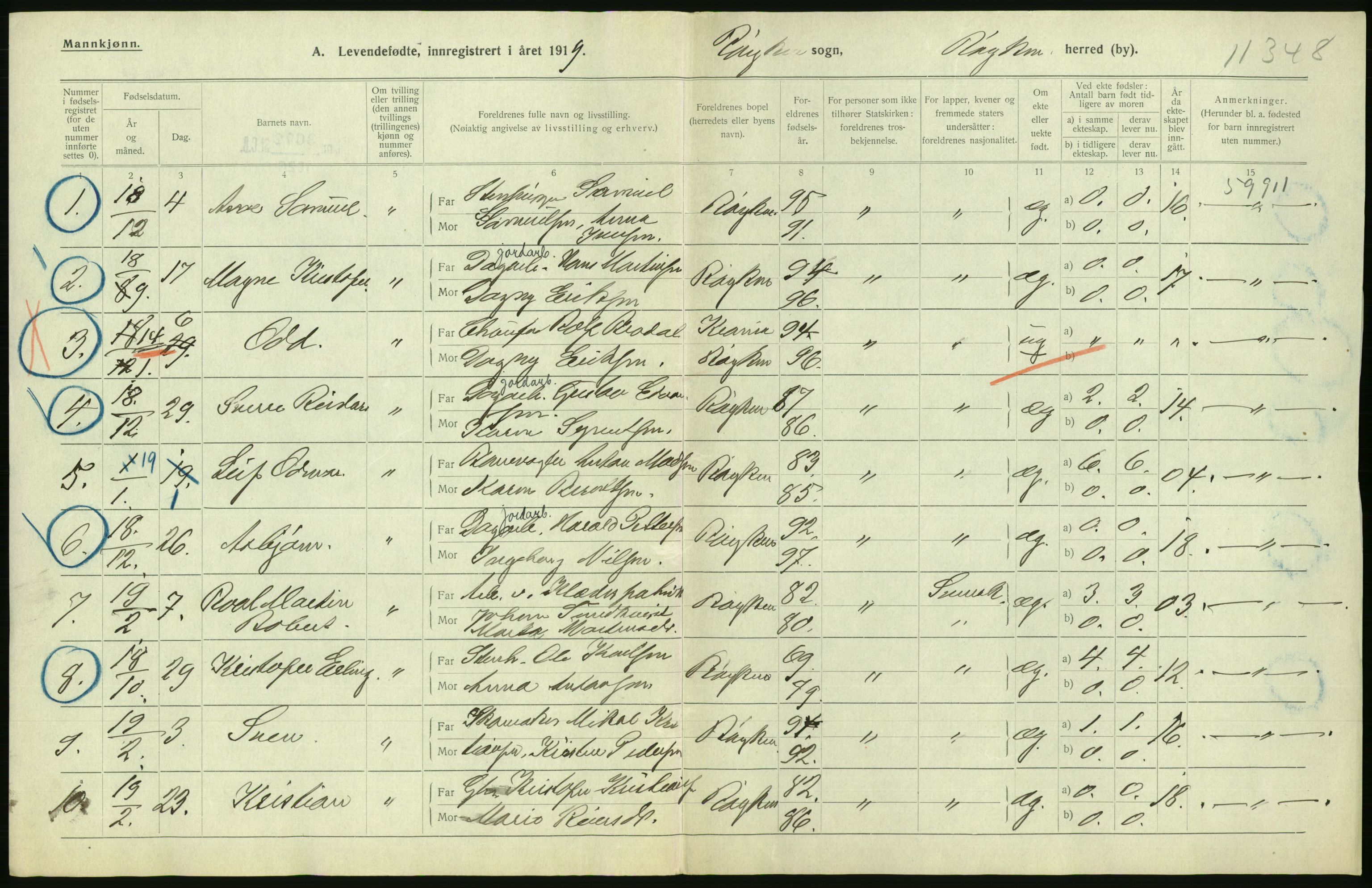 Statistisk sentralbyrå, Sosiodemografiske emner, Befolkning, RA/S-2228/D/Df/Dfb/Dfbi/L0016: Buskerud fylke: Levendefødte menn og kvinner. Bygder., 1919, s. 330