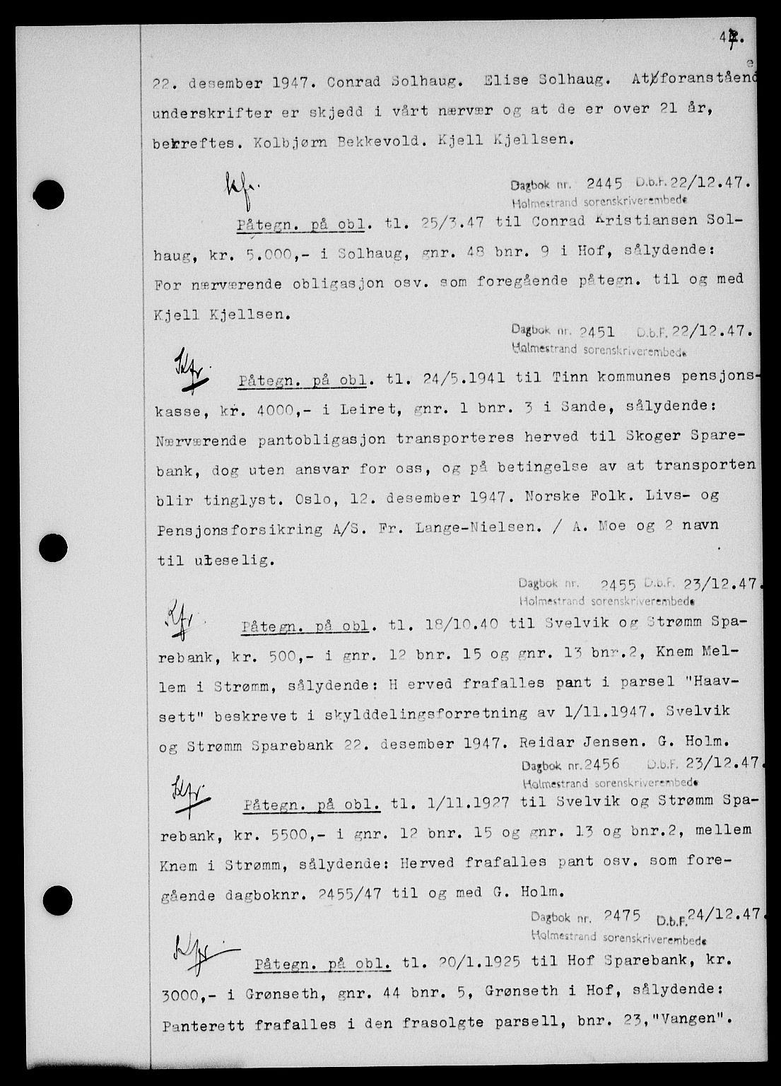 Holmestrand sorenskriveri, SAKO/A-67/G/Ga/Gab/L0058: Pantebok nr. B-58, 1947-1948, s. 47, Dagboknr: 2445/1947