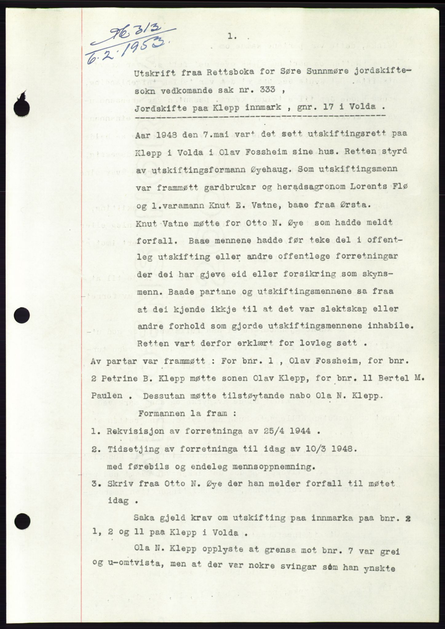 Søre Sunnmøre sorenskriveri, SAT/A-4122/1/2/2C/L0094: Pantebok nr. 20A, 1953-1953, Dagboknr: 313/1953