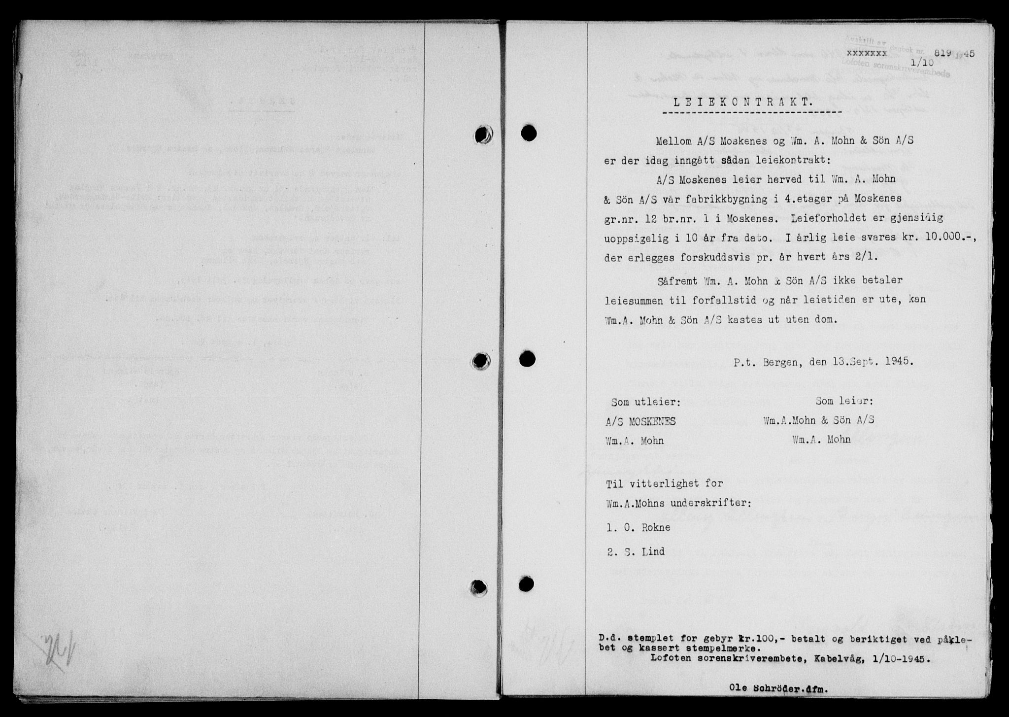 Lofoten sorenskriveri, SAT/A-0017/1/2/2C/L0013a: Pantebok nr. 13a, 1944-1946, Dagboknr: 819/1945