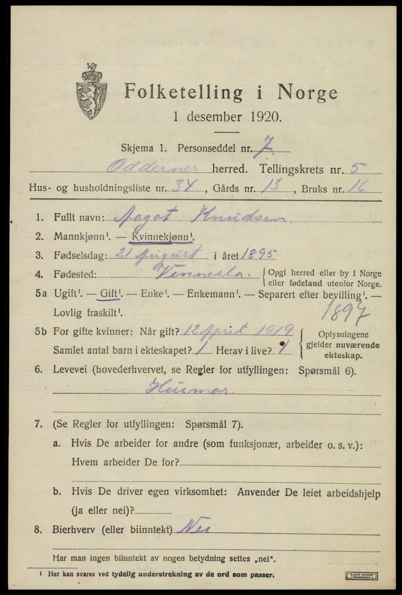 SAK, Folketelling 1920 for 1012 Oddernes herred, 1920, s. 4675