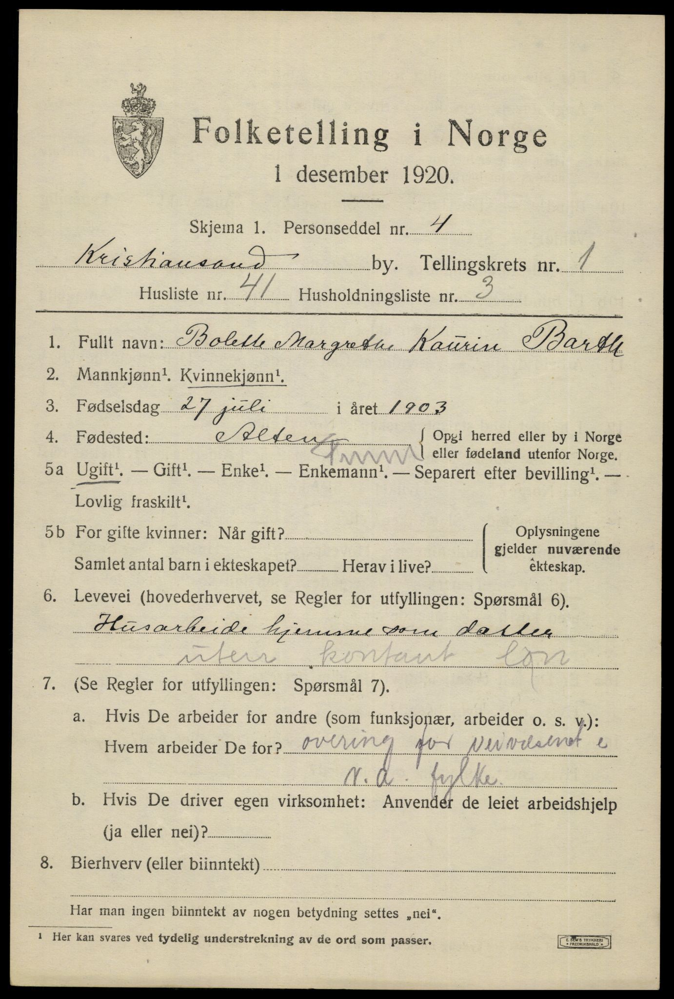 SAK, Folketelling 1920 for 1001 Kristiansand kjøpstad, 1920, s. 11857