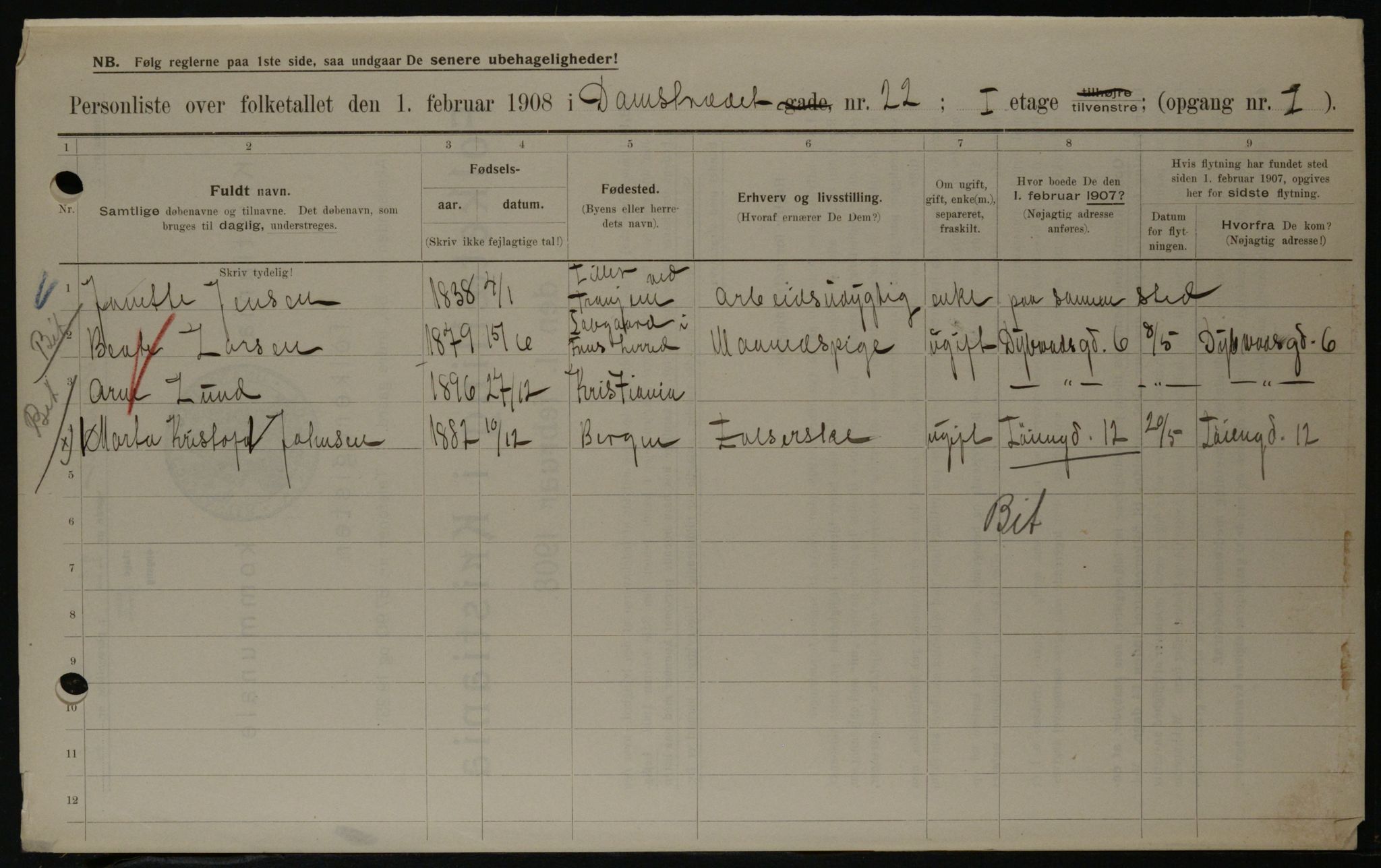 OBA, Kommunal folketelling 1.2.1908 for Kristiania kjøpstad, 1908, s. 13621