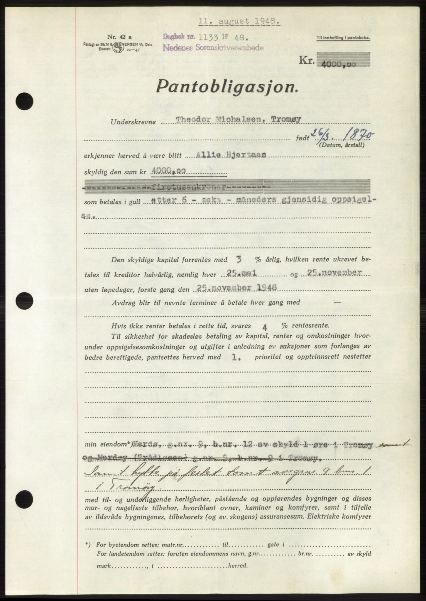 Nedenes sorenskriveri, AV/SAK-1221-0006/G/Gb/Gbb/L0005: Pantebok nr. B5, 1948-1948, Dagboknr: 1133/1948