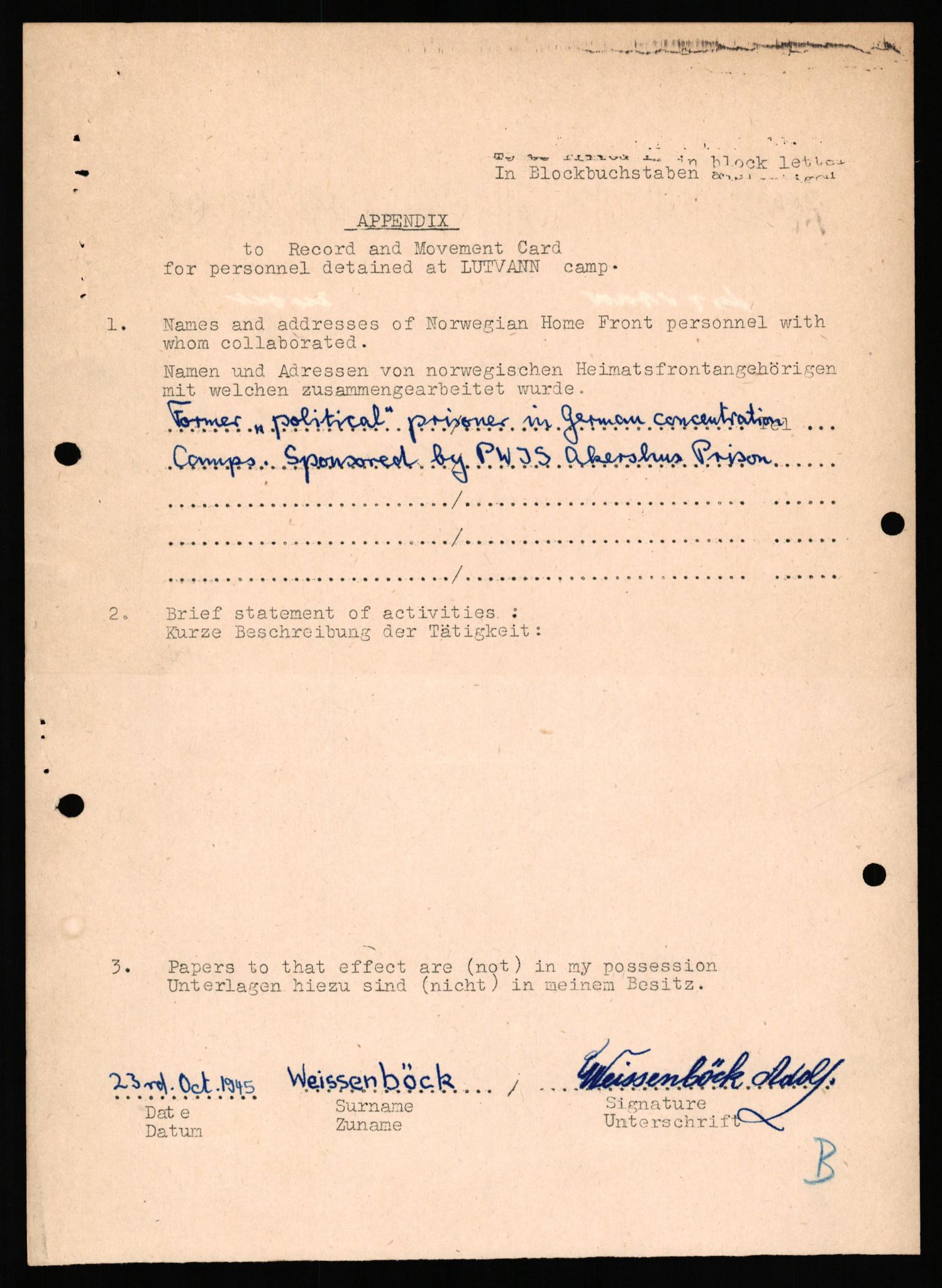 Forsvaret, Forsvarets overkommando II, AV/RA-RAFA-3915/D/Db/L0040: CI Questionaires. Tyske okkupasjonsstyrker i Norge. Østerrikere., 1945-1946, s. 398