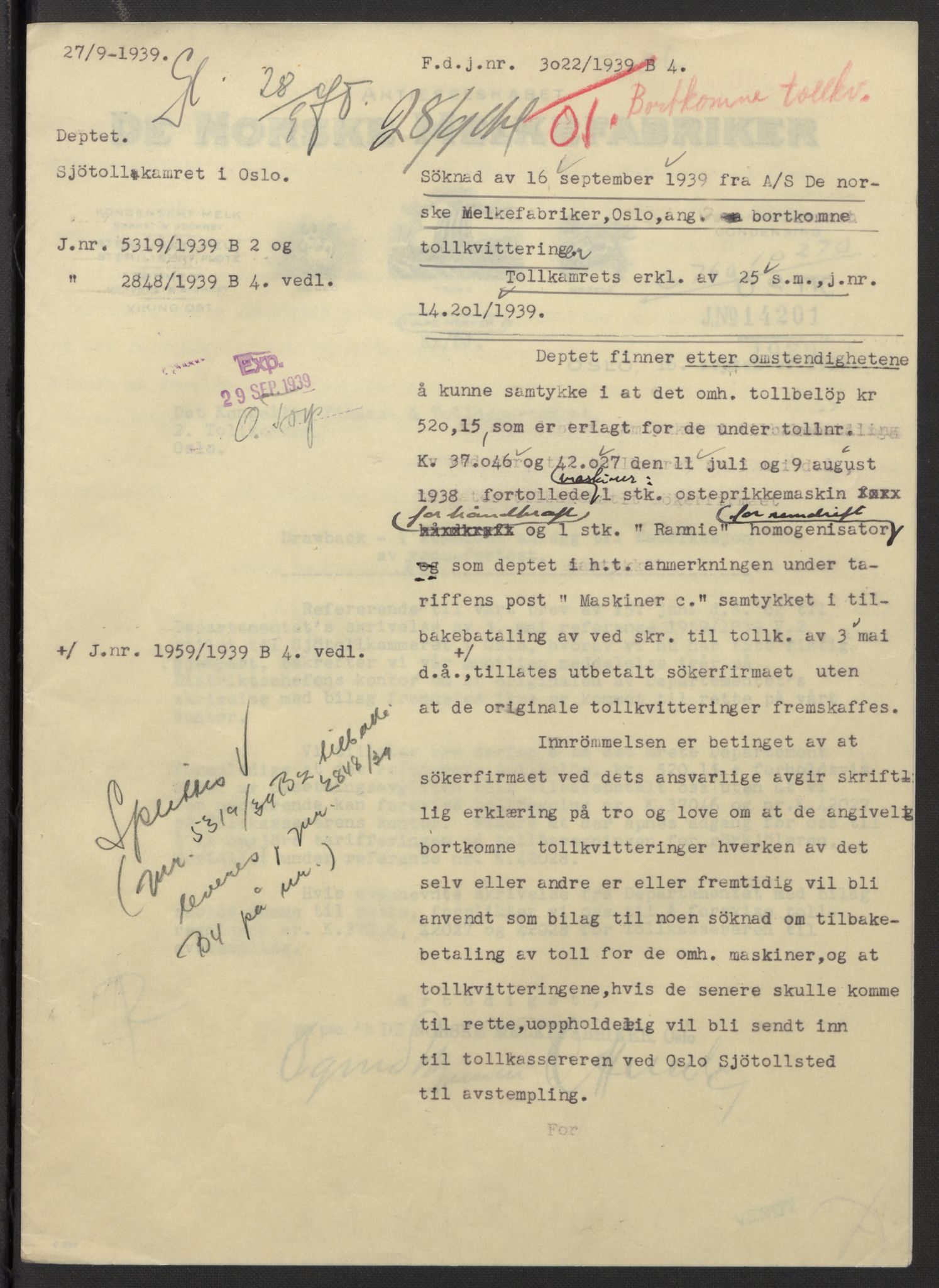 Finansdepartementet, Avgifts- og tollavdelingen, AV/RA-S-6642/E/Ee/L0092/0006: Diverse eldre dokumenter / Bortkomne tollkvitteringer, 1939-1948