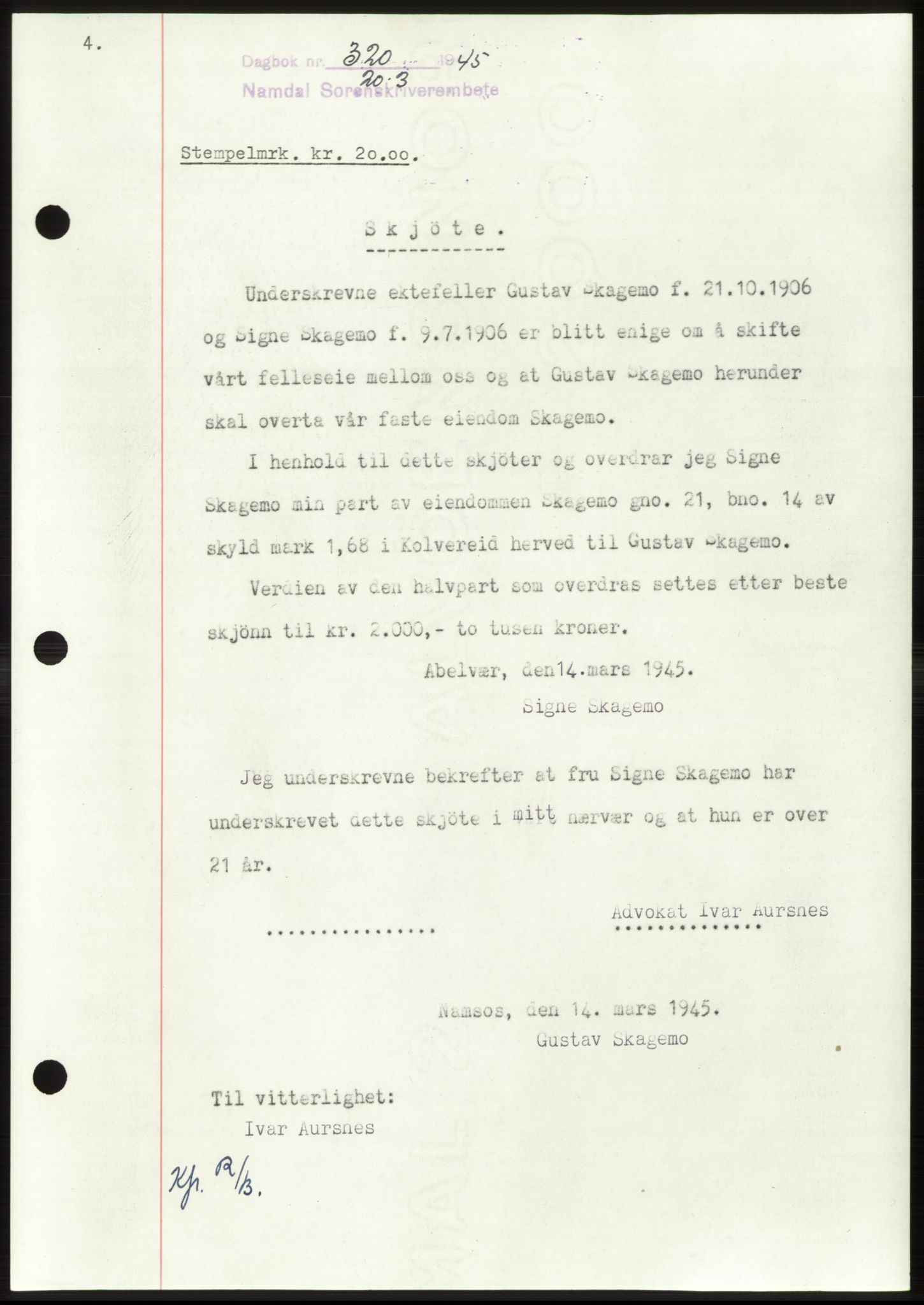 Namdal sorenskriveri, SAT/A-4133/1/2/2C: Pantebok nr. -, 1944-1945, Dagboknr: 320/1945